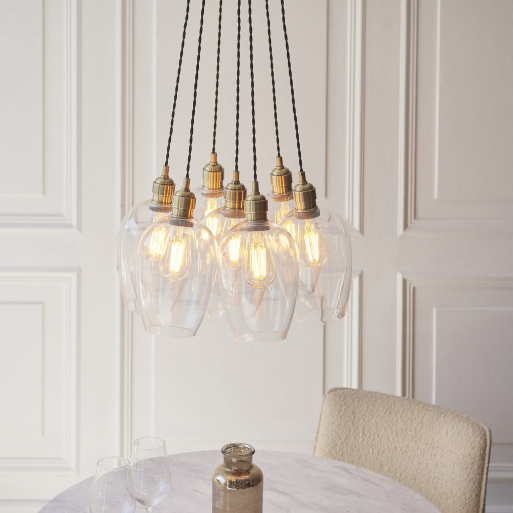 120647 7 Light Pendant Antique Brass Plate & Clear Glass