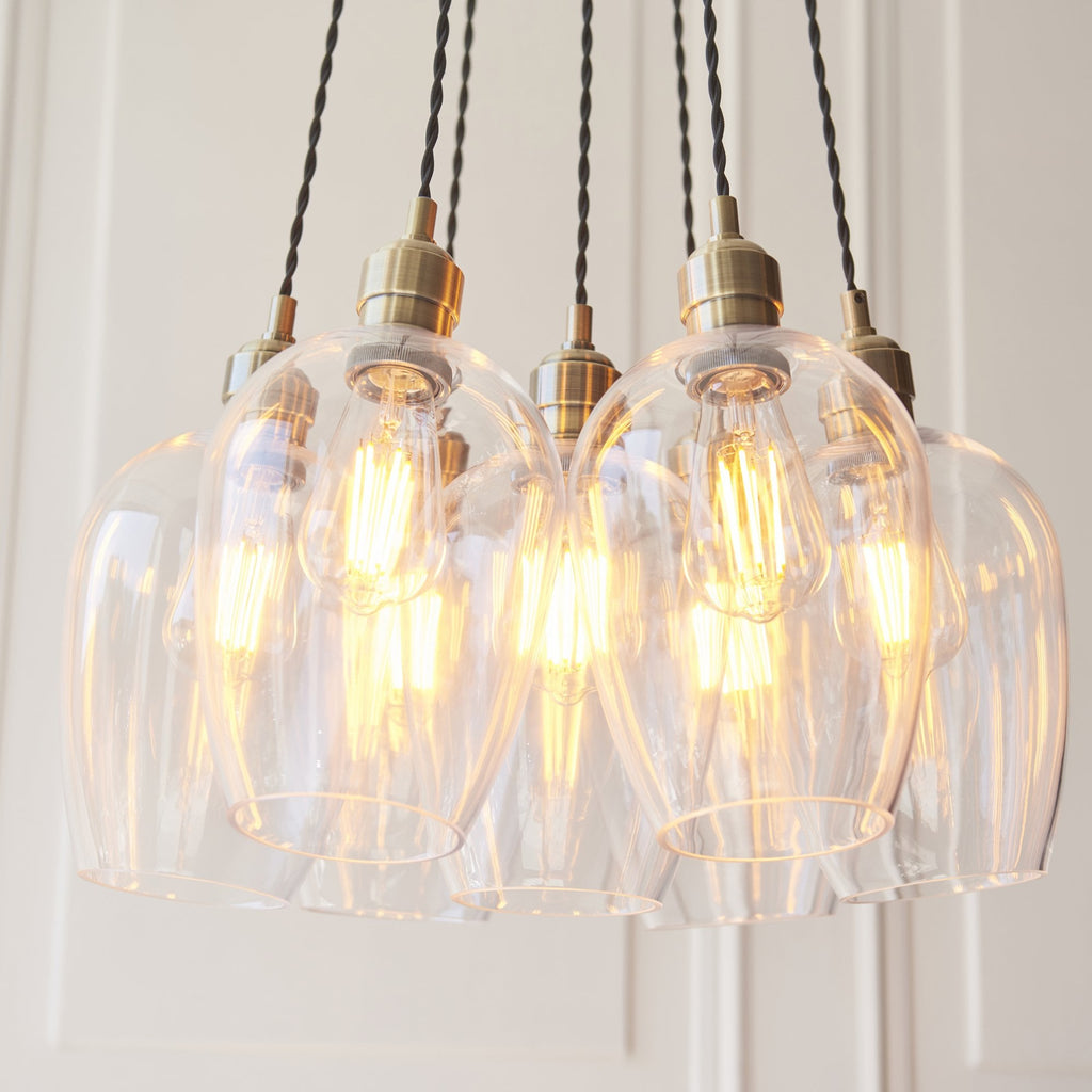 120647 7 Light Pendant Antique Brass Plate & Clear Glass