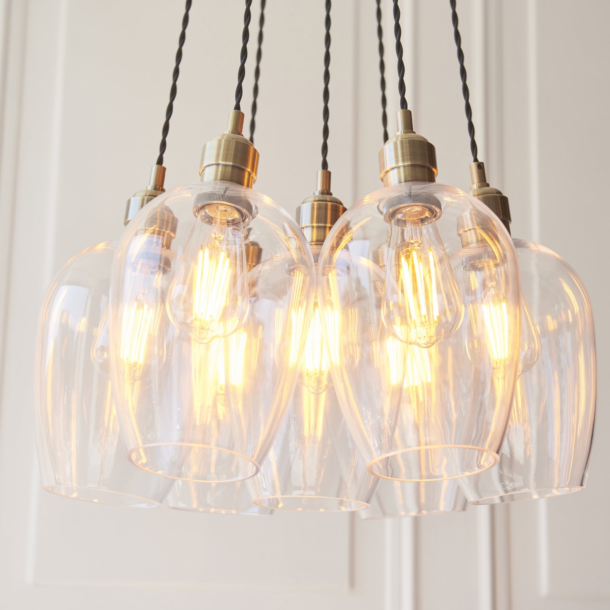 120647 7 Light Pendant Antique Brass Plate & Clear Glass
