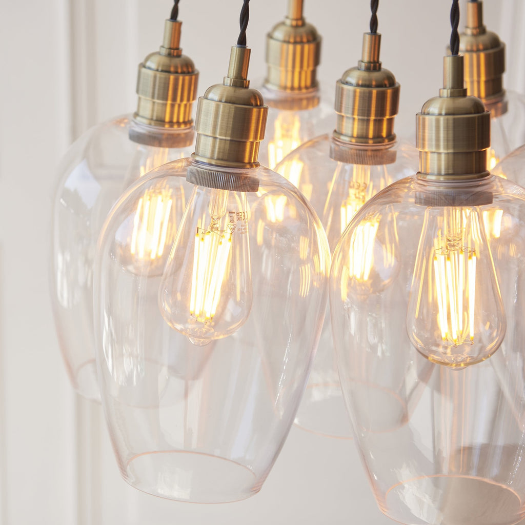 120647 7 Light Pendant Antique Brass Plate & Clear Glass
