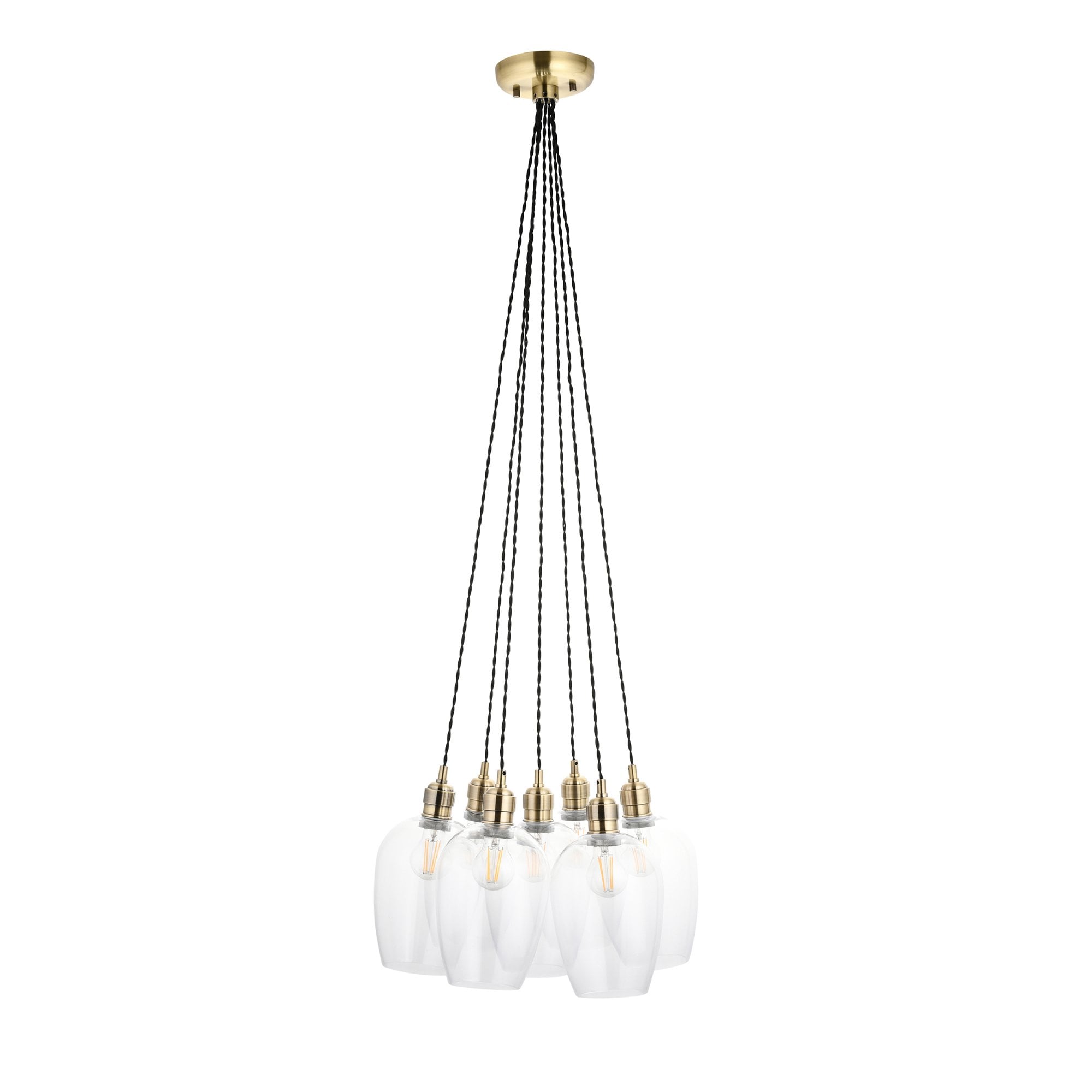120647 7 Light Pendant Antique Brass Plate & Clear Glass