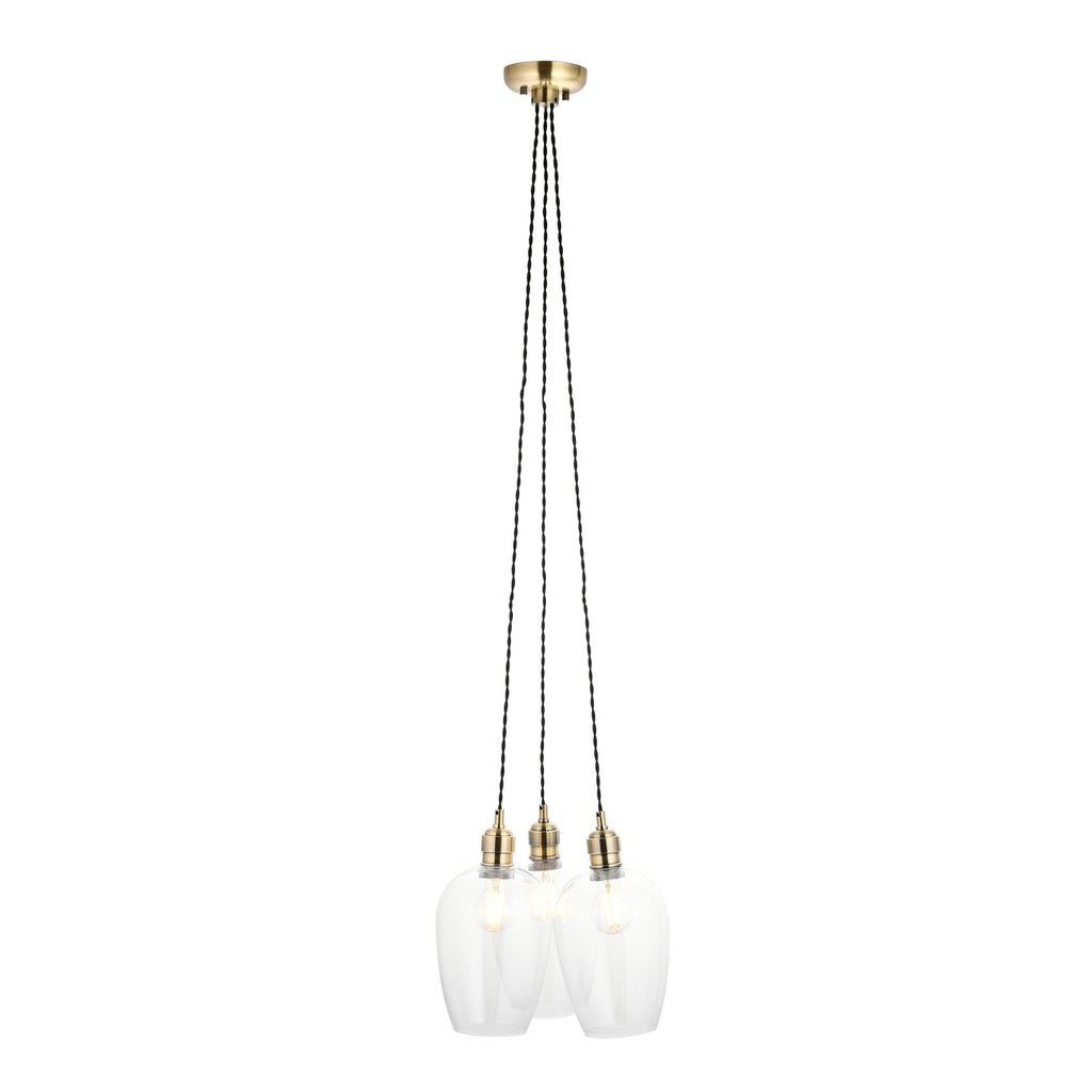 120648 3 Light Pendant Antique Brass Plate & Clear Glass