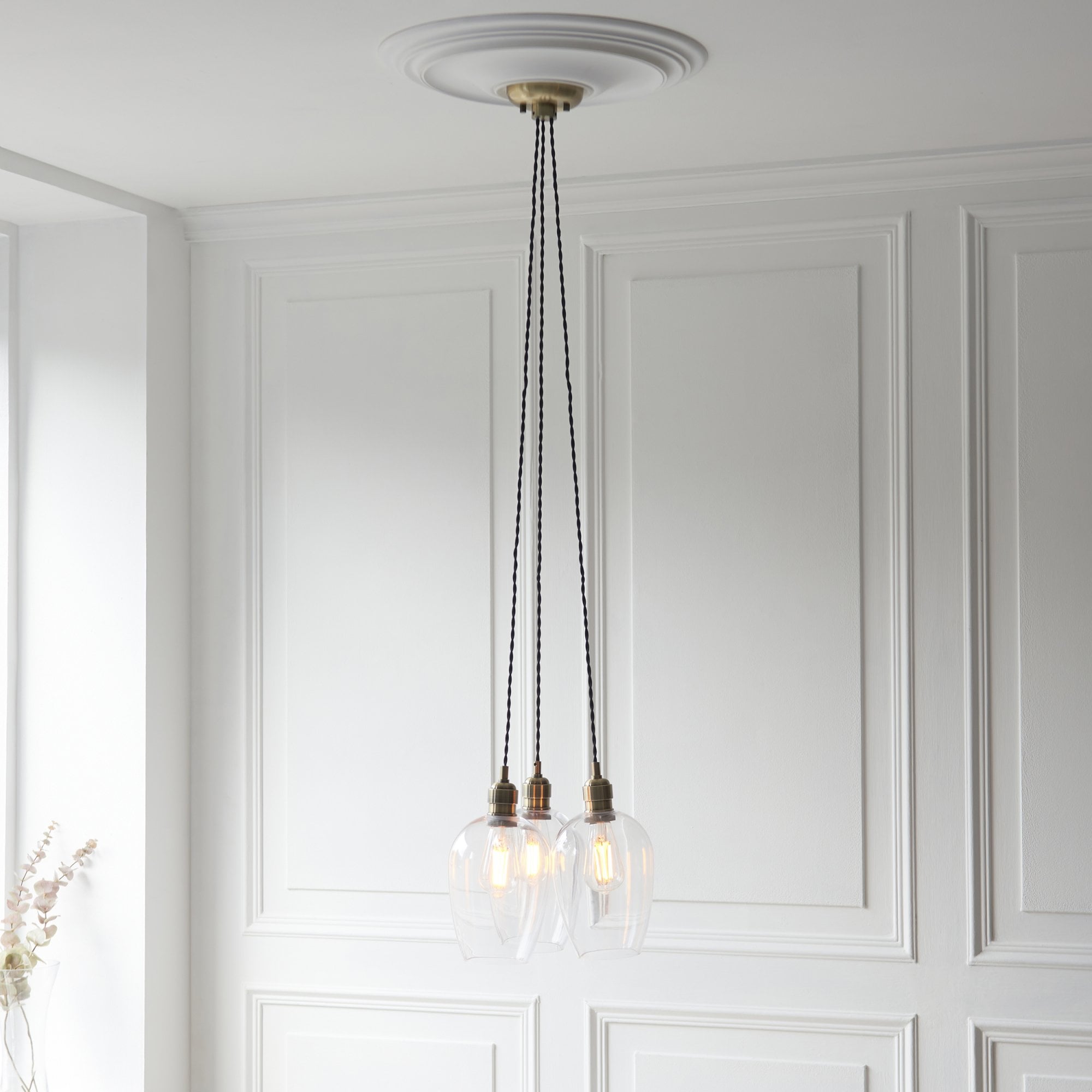 120648 3 Light Pendant Antique Brass Plate & Clear Glass