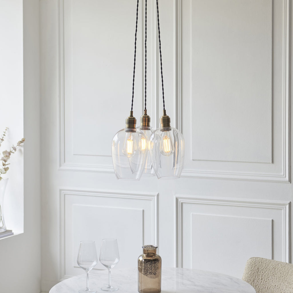 120648 3 Light Pendant Antique Brass Plate & Clear Glass