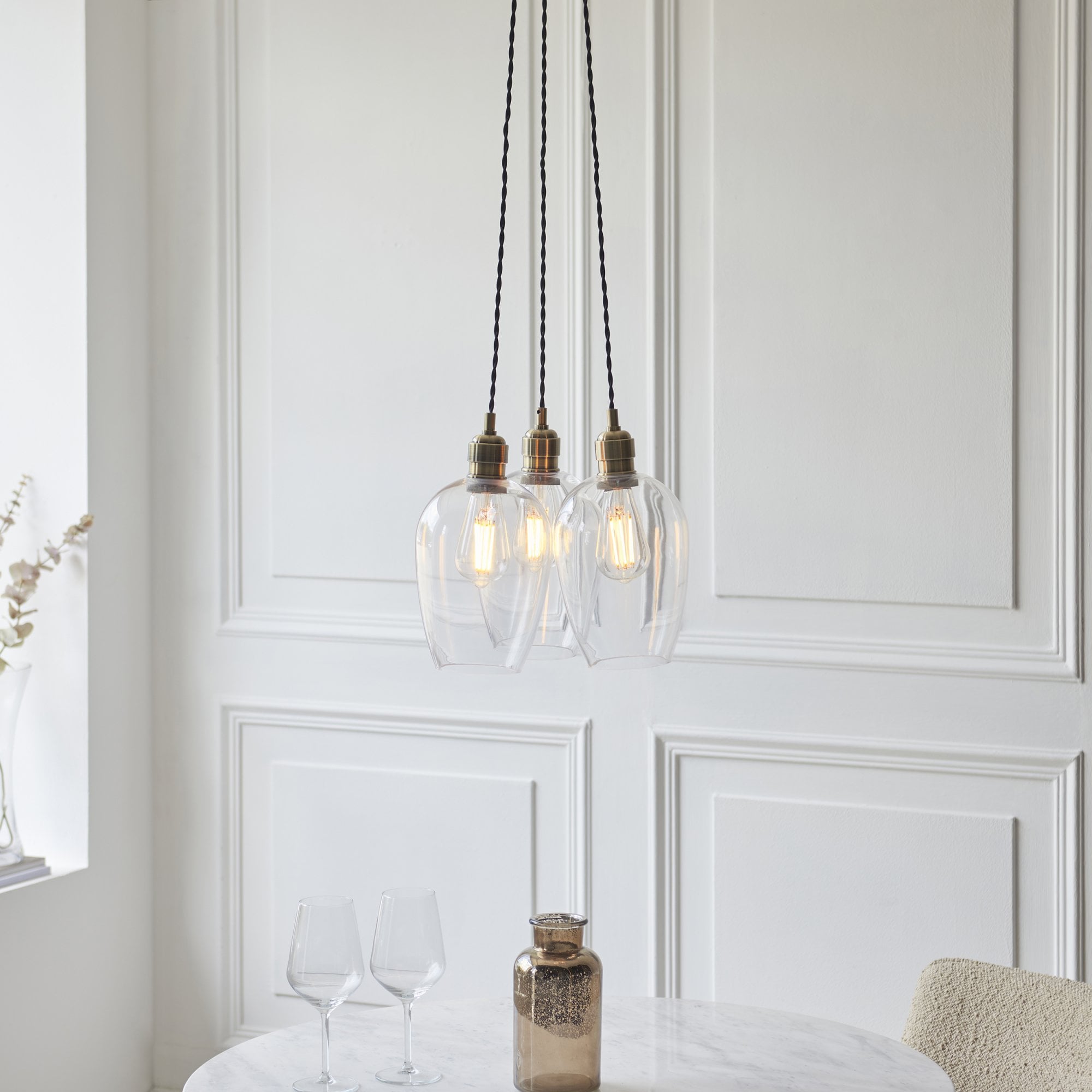 120648 3 Light Pendant Antique Brass Plate & Clear Glass