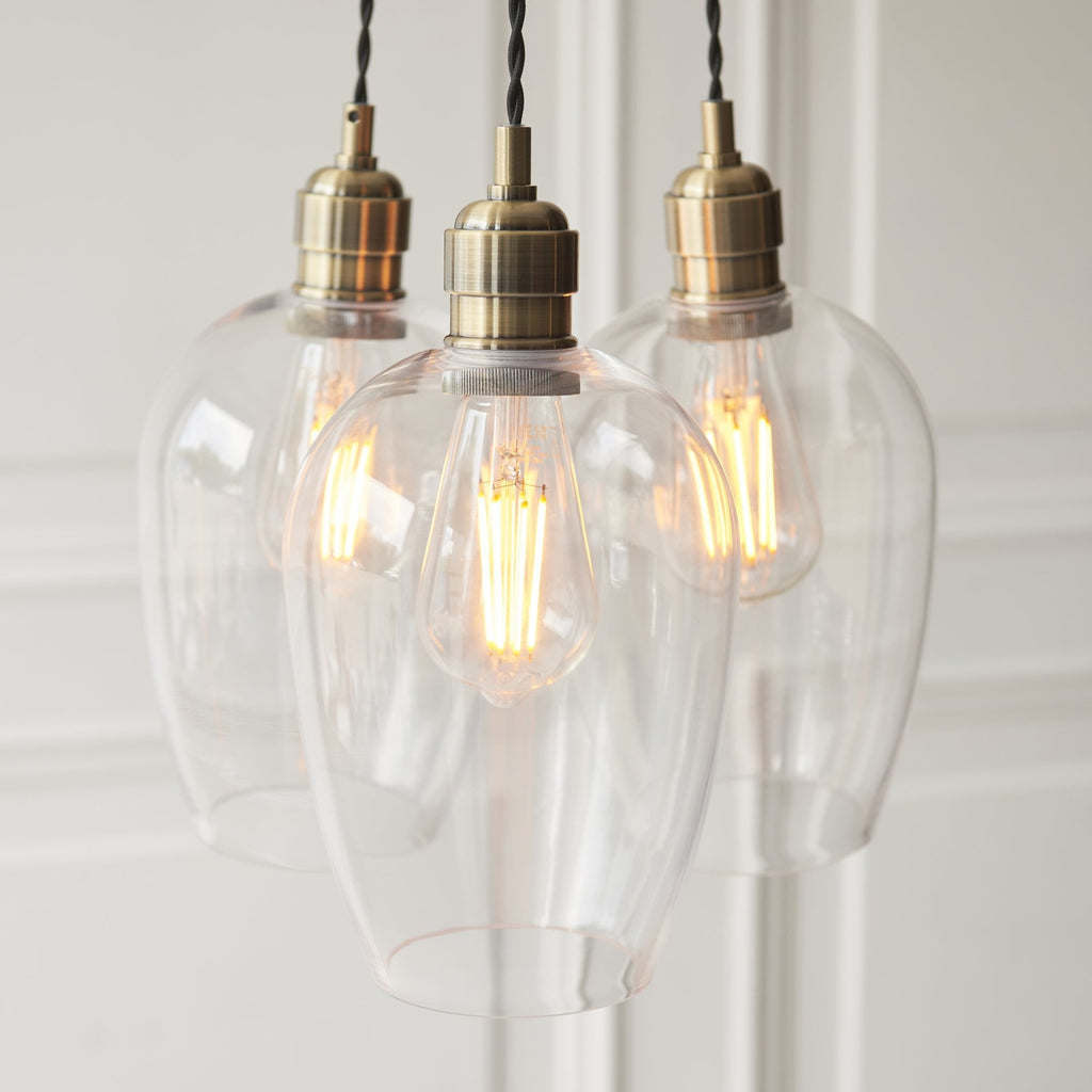 120648 3 Light Pendant Antique Brass Plate & Clear Glass