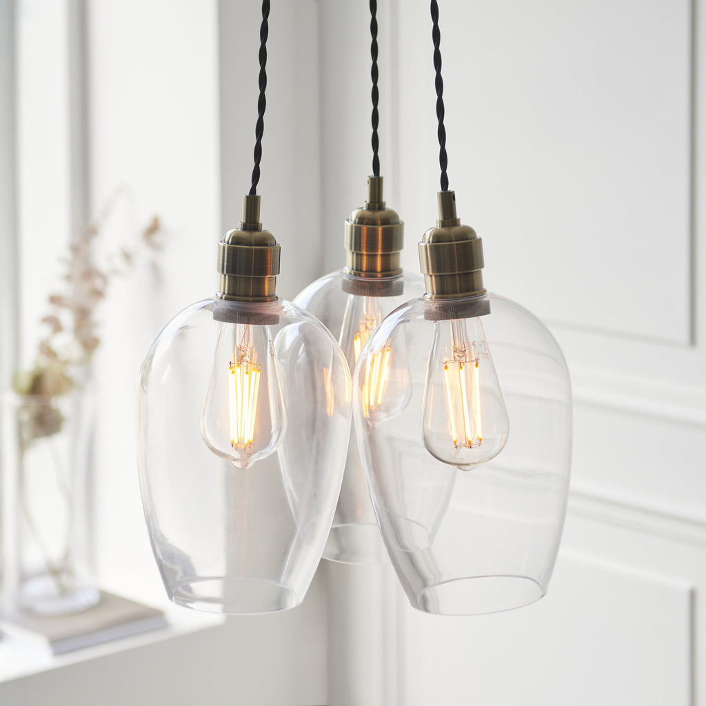 120648 3 Light Pendant Antique Brass Plate & Clear Glass