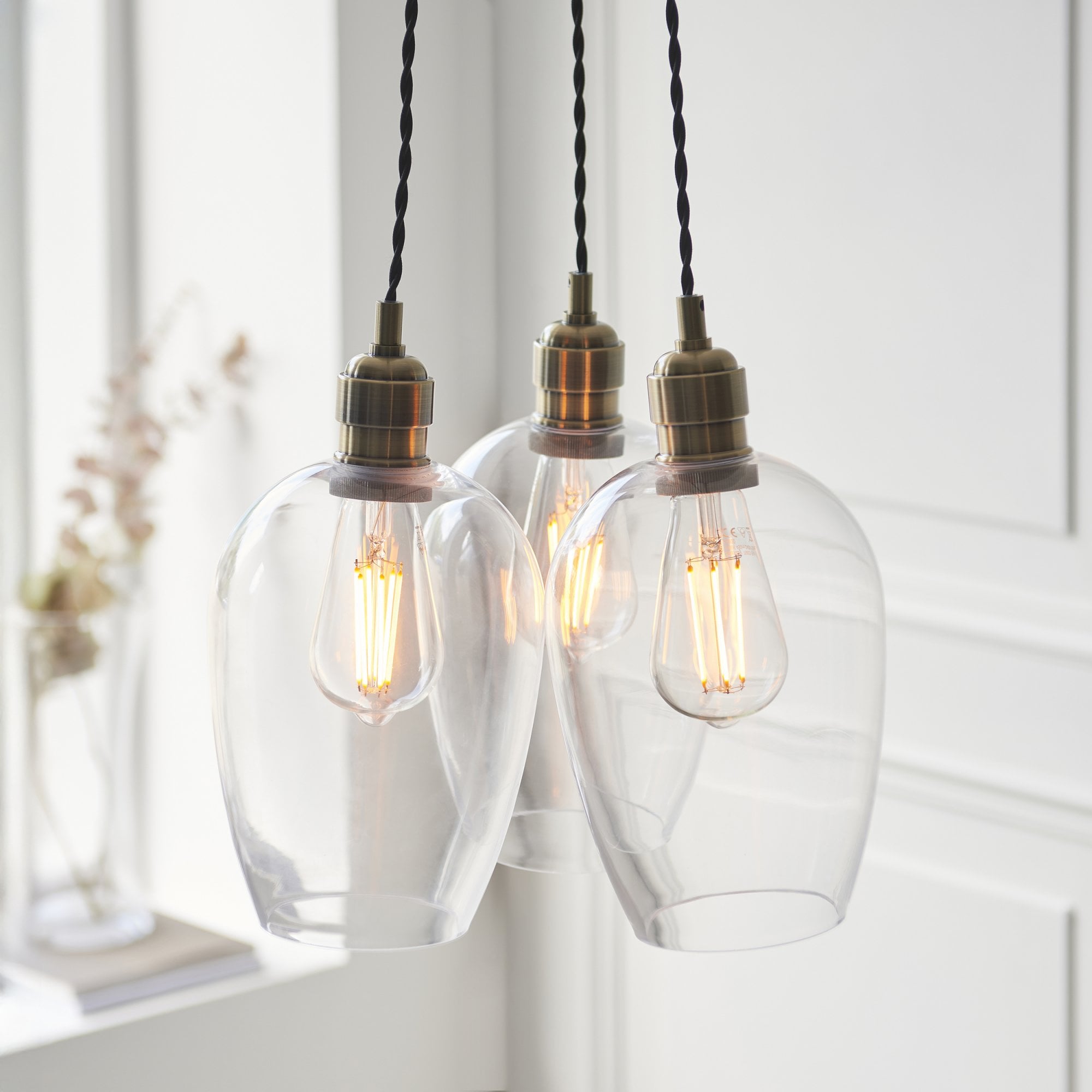 120648 3 Light Pendant Antique Brass Plate & Clear Glass