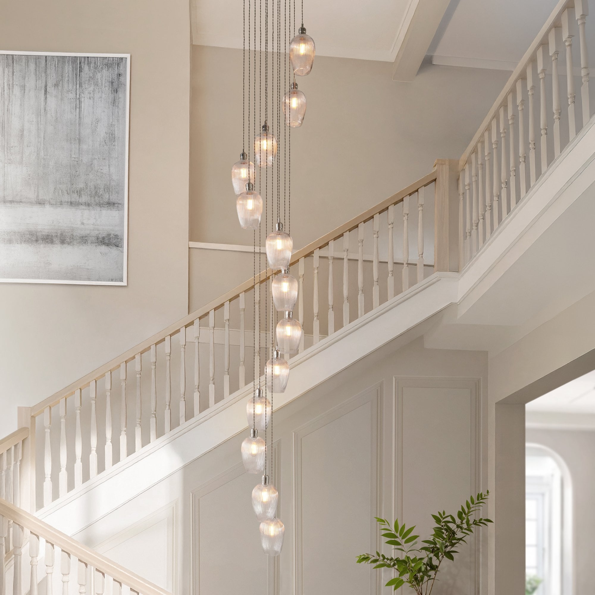 120649 13 Light Pendant Bright Nickel Plate & Clear Ribbed Glass