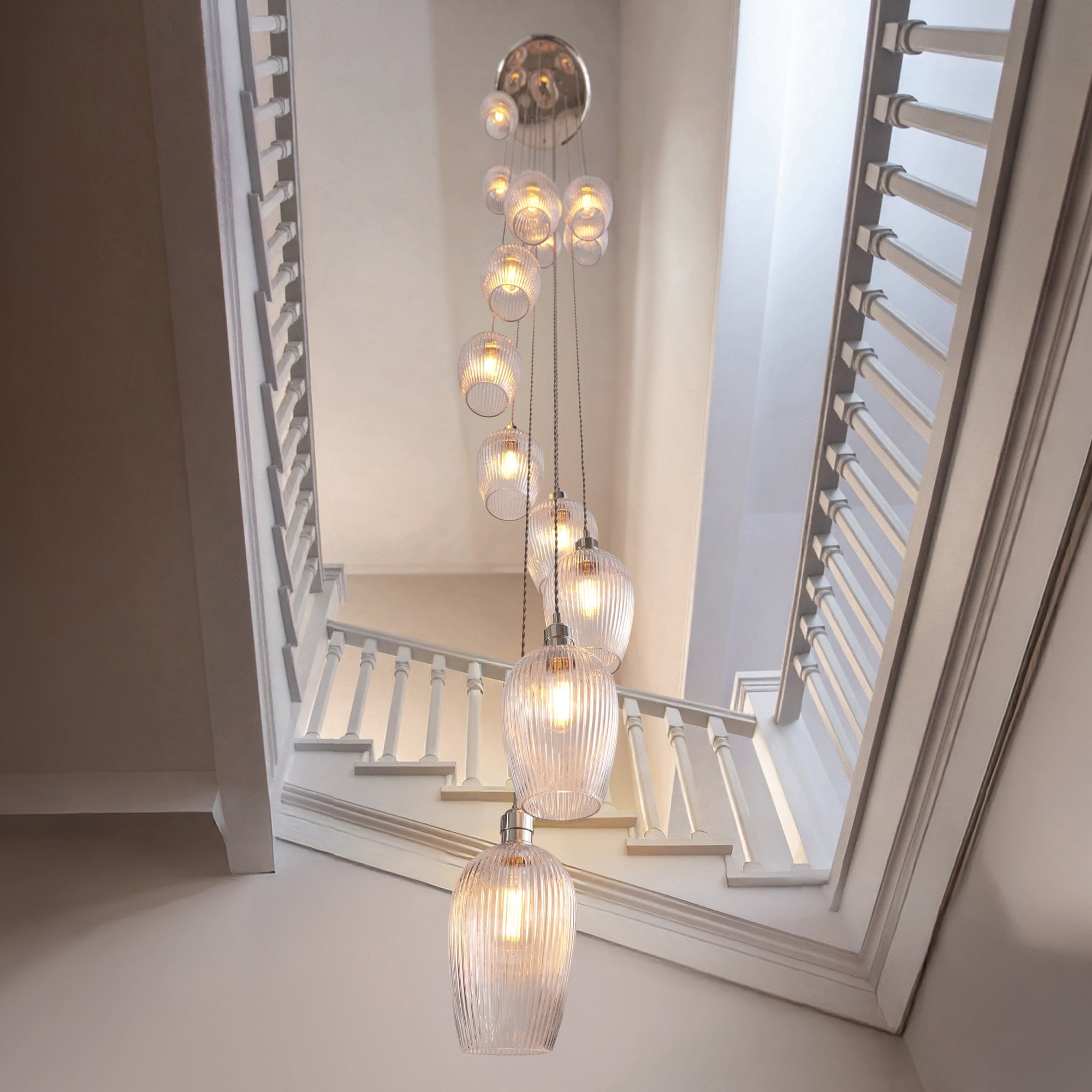 120649 13 Light Pendant Bright Nickel Plate & Clear Ribbed Glass