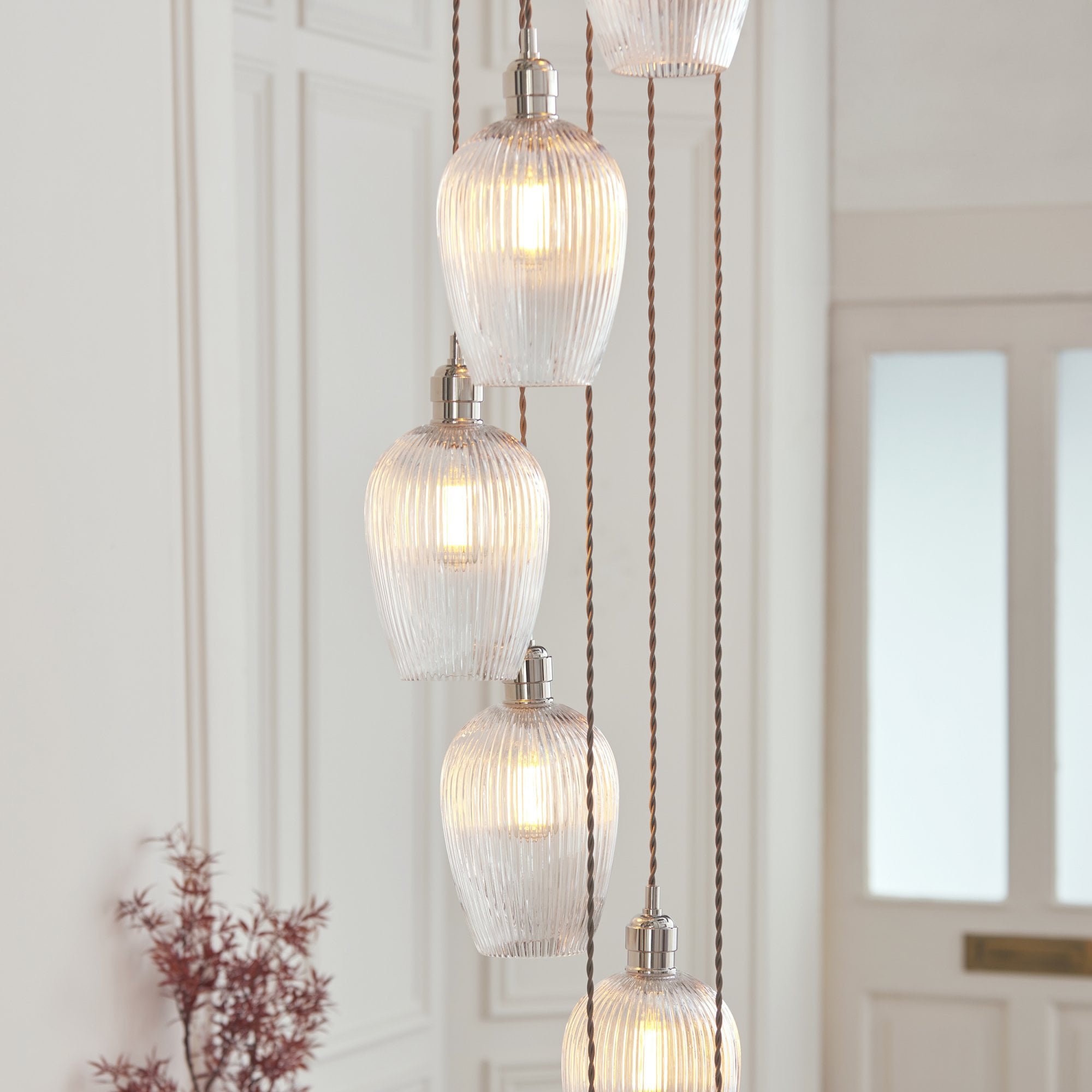 120649 13 Light Pendant Bright Nickel Plate & Clear Ribbed Glass