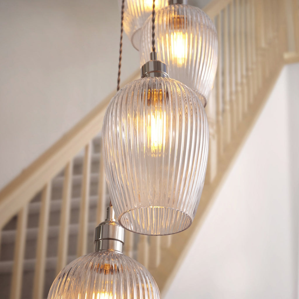 120649 13 Light Pendant Bright Nickel Plate & Clear Ribbed Glass