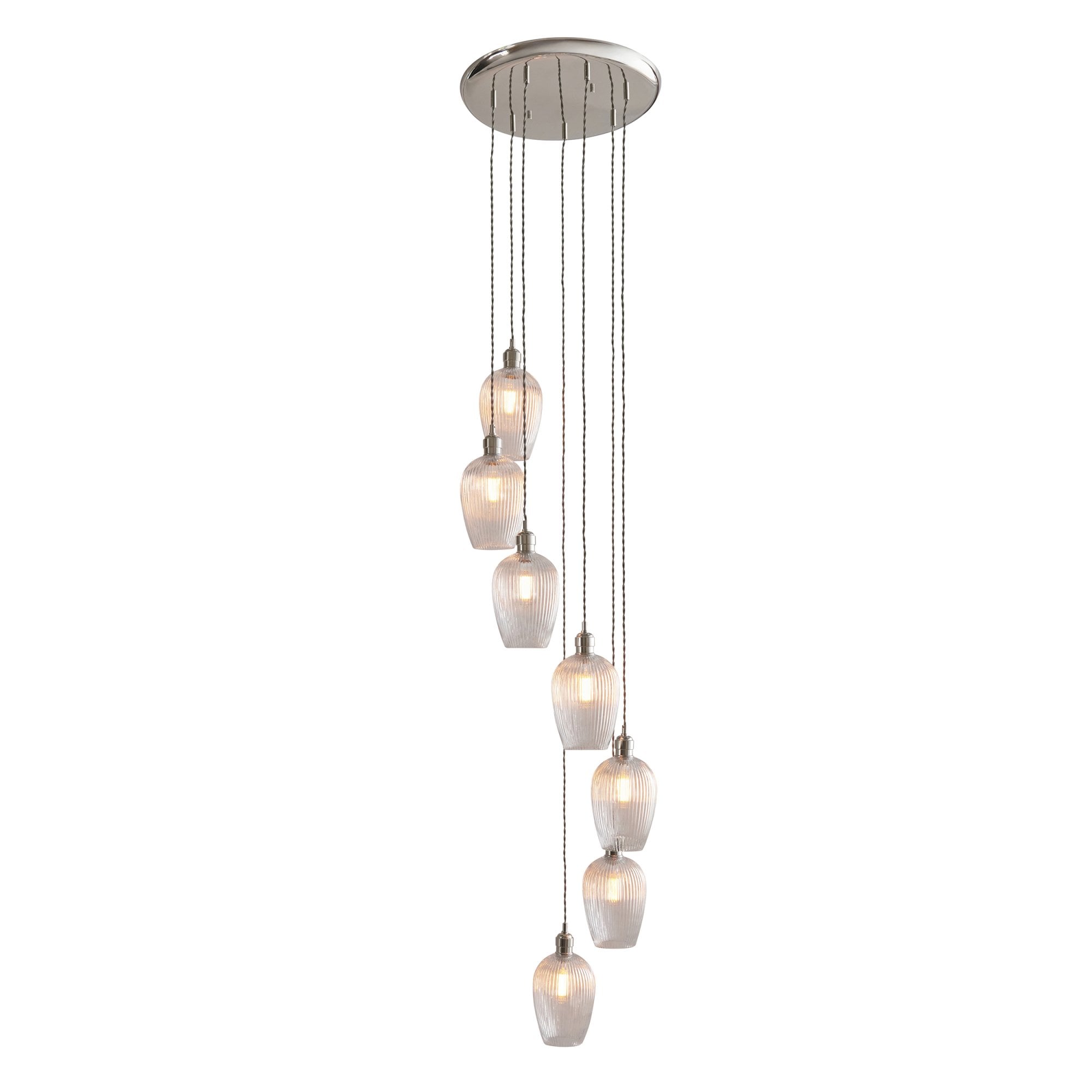 120650 7 Light Pendant Bright Nickel Plate & Clear Ribbed Glass