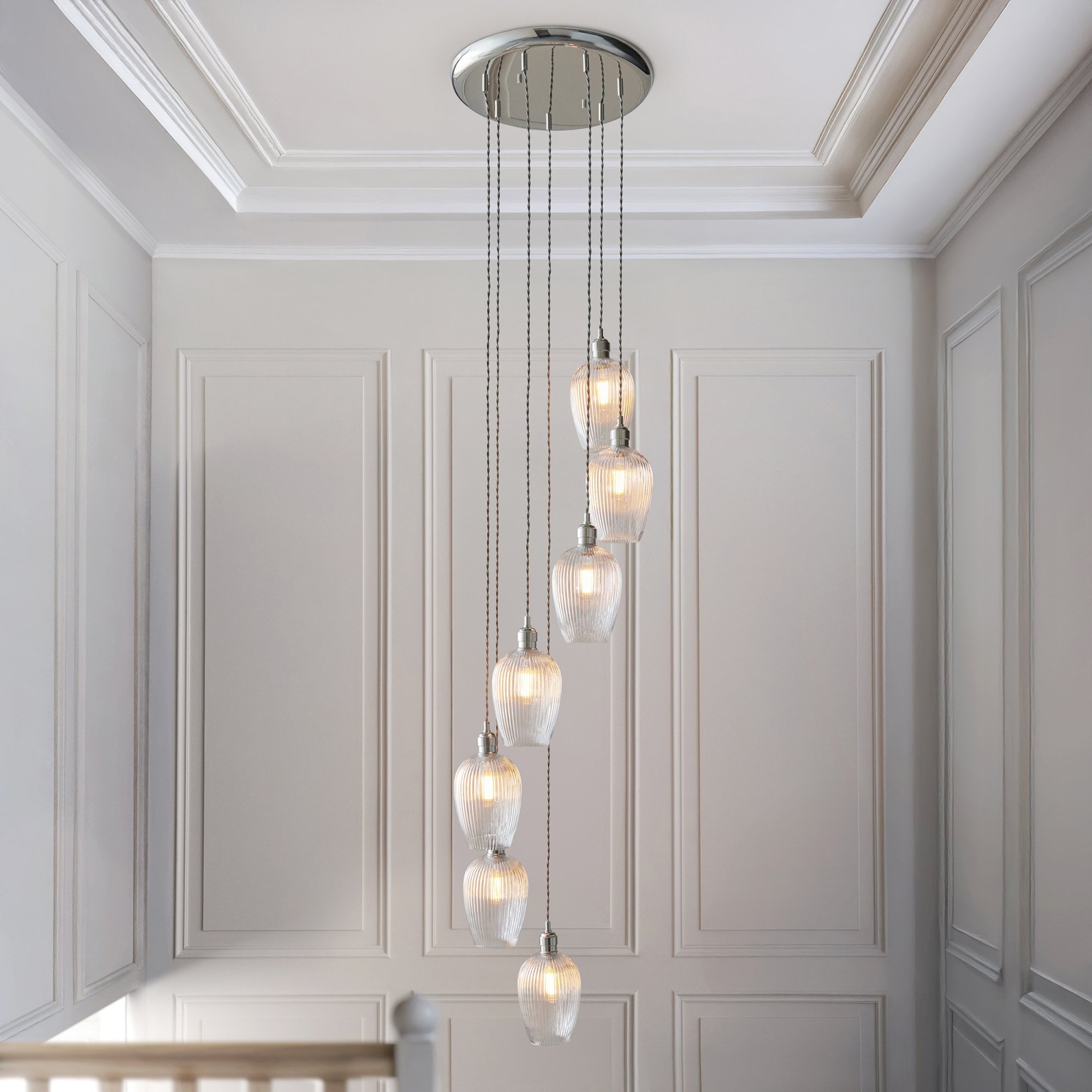 120650 7 Light Pendant Bright Nickel Plate & Clear Ribbed Glass