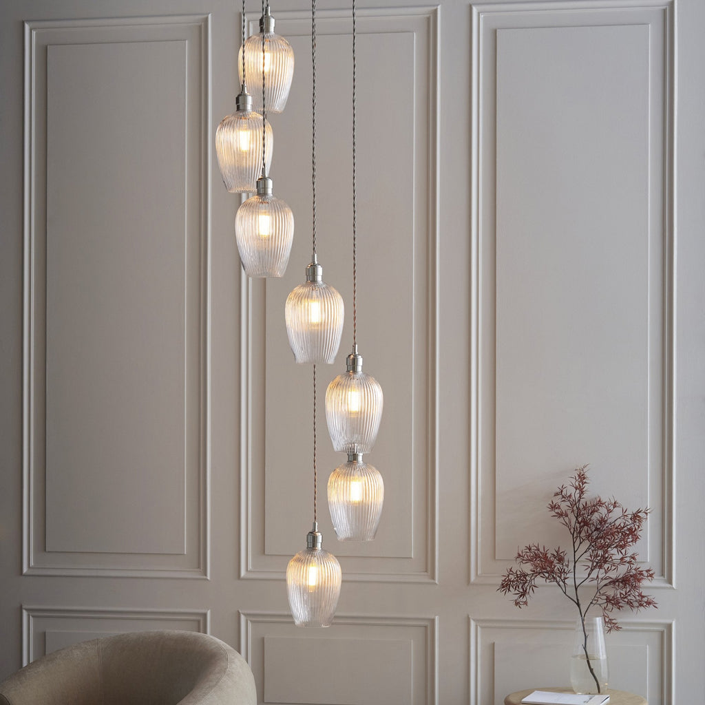 120650 7 Light Pendant Bright Nickel Plate & Clear Ribbed Glass
