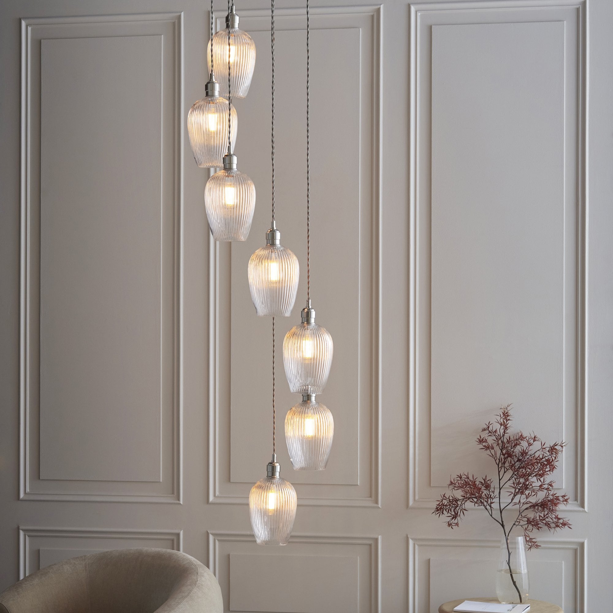 120650 7 Light Pendant Bright Nickel Plate & Clear Ribbed Glass