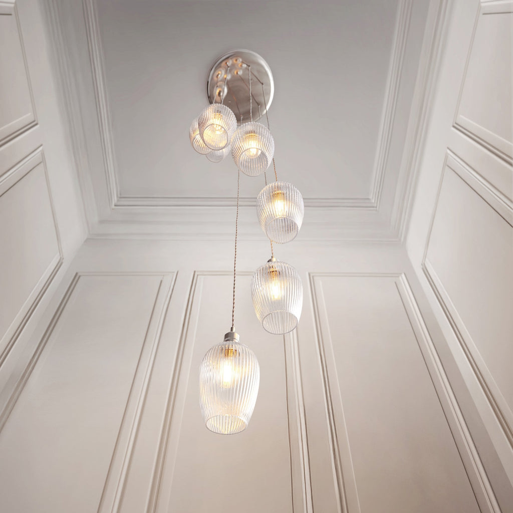 120650 7 Light Pendant Bright Nickel Plate & Clear Ribbed Glass