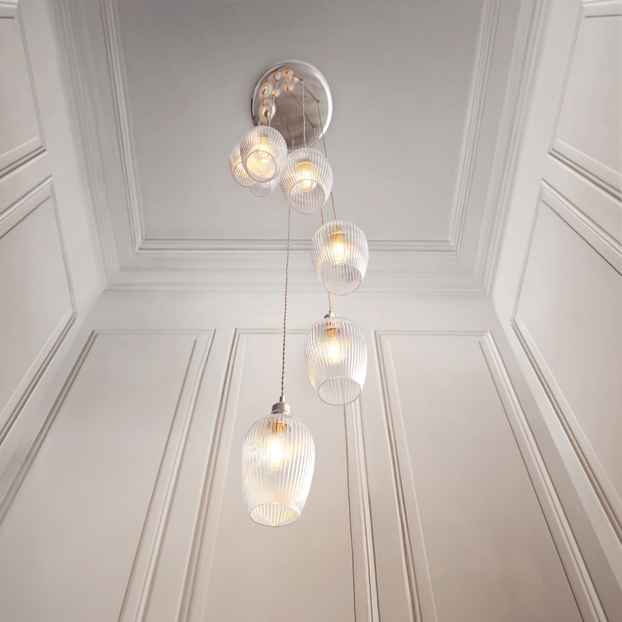 120650 7 Light Pendant Bright Nickel Plate & Clear Ribbed Glass