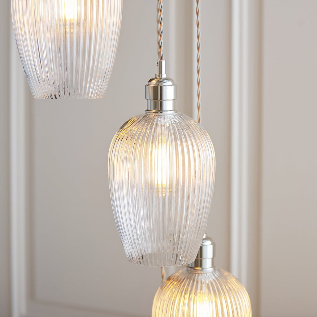 120650 7 Light Pendant Bright Nickel Plate & Clear Ribbed Glass