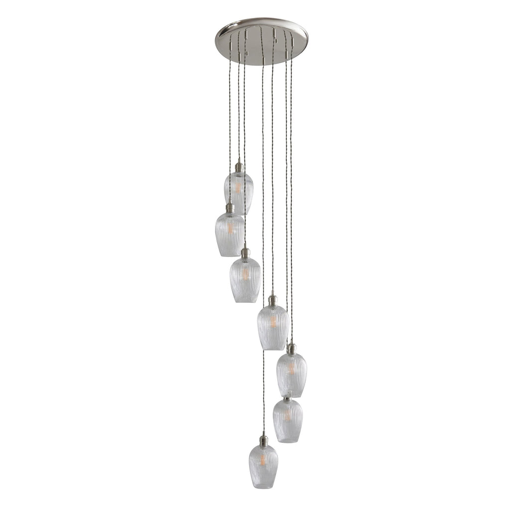 120650 7 Light Pendant Bright Nickel Plate & Clear Ribbed Glass