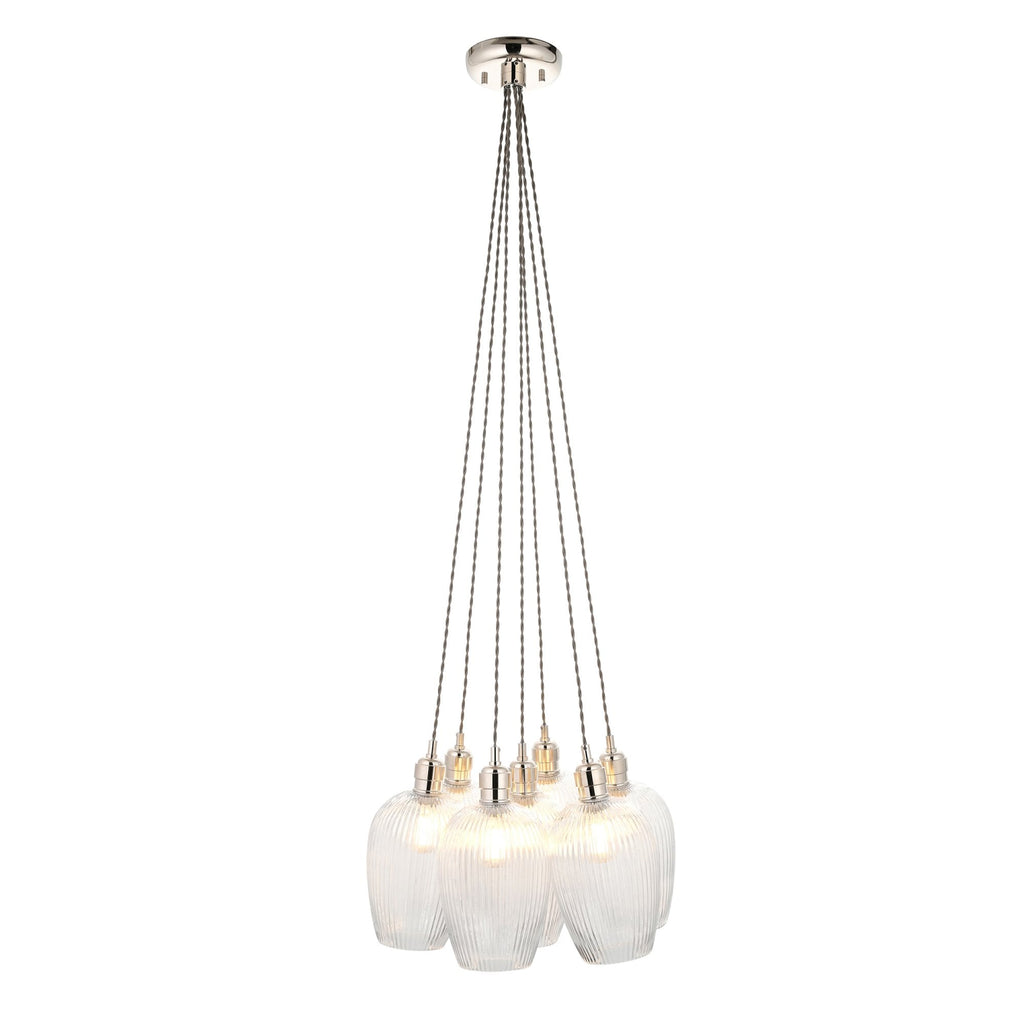120651 7 Light Pendant Bright Nickel Plate & Clear Ribbed Glass