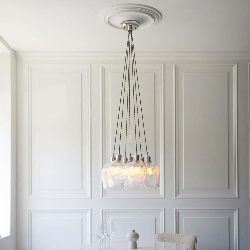 120651 7 Light Pendant Bright Nickel Plate & Clear Ribbed Glass