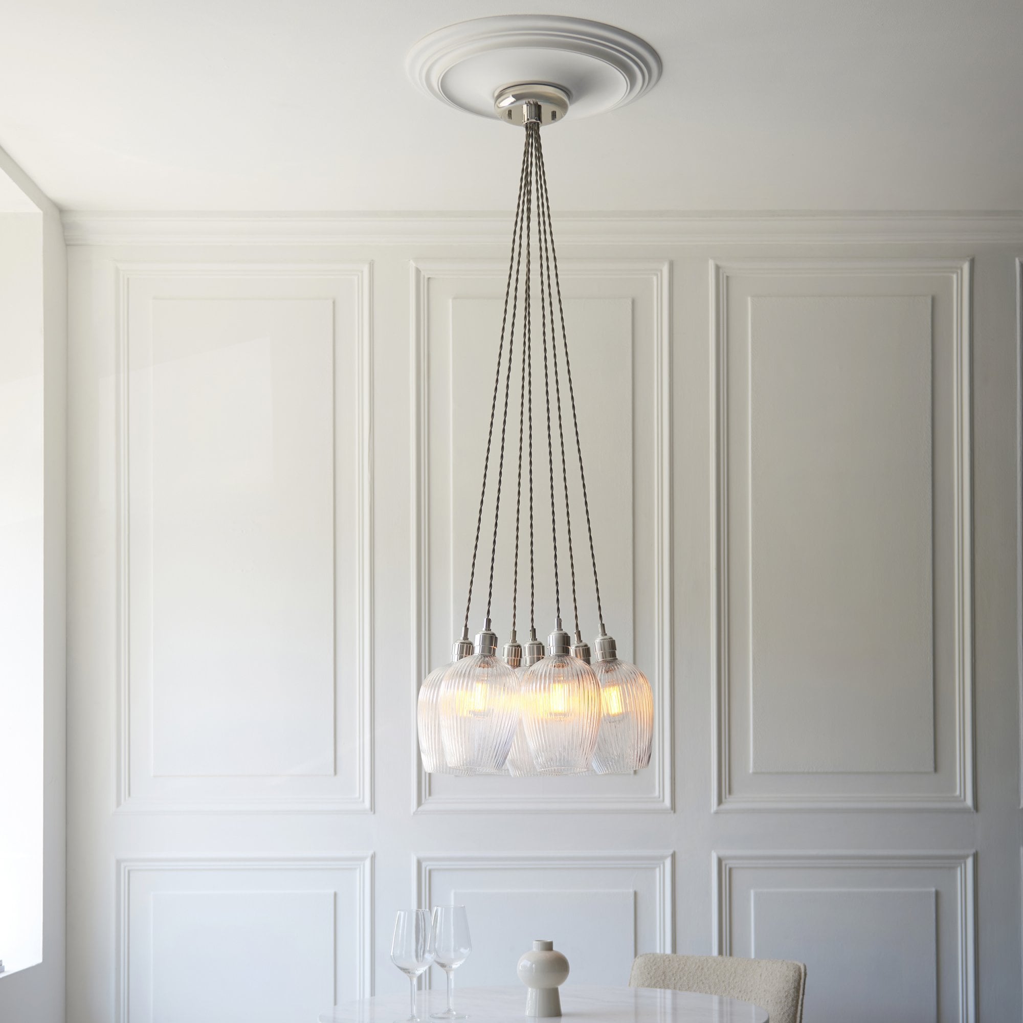 120651 7 Light Pendant Bright Nickel Plate & Clear Ribbed Glass