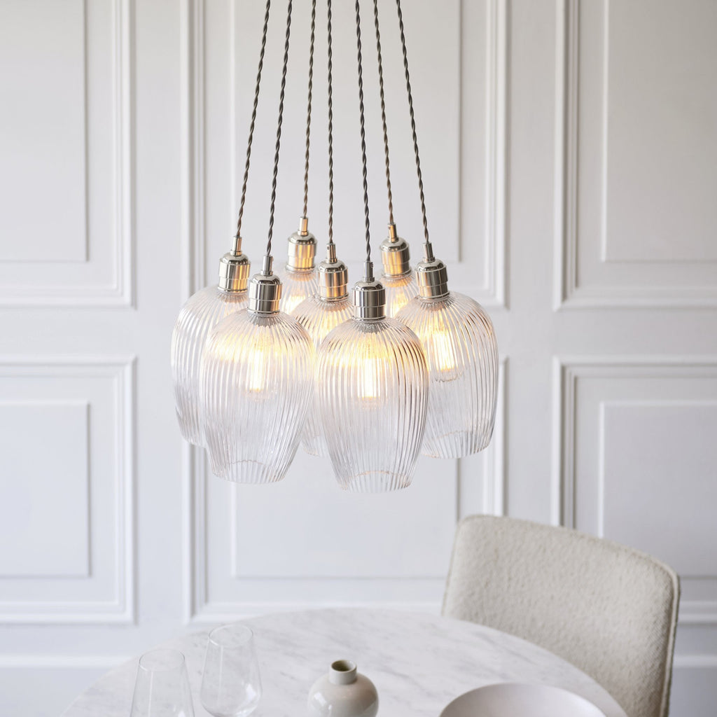 120651 7 Light Pendant Bright Nickel Plate & Clear Ribbed Glass
