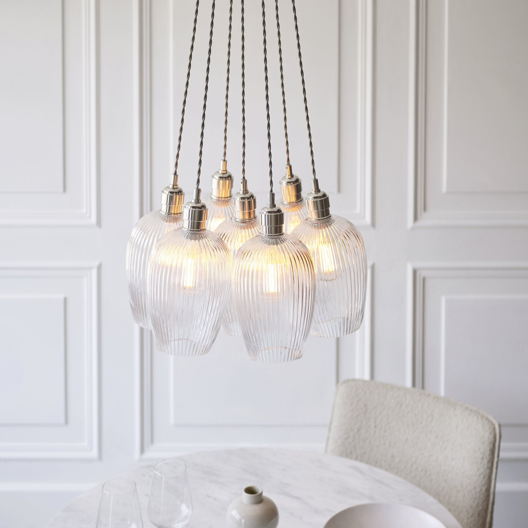 120651 7 Light Pendant Bright Nickel Plate & Clear Ribbed Glass