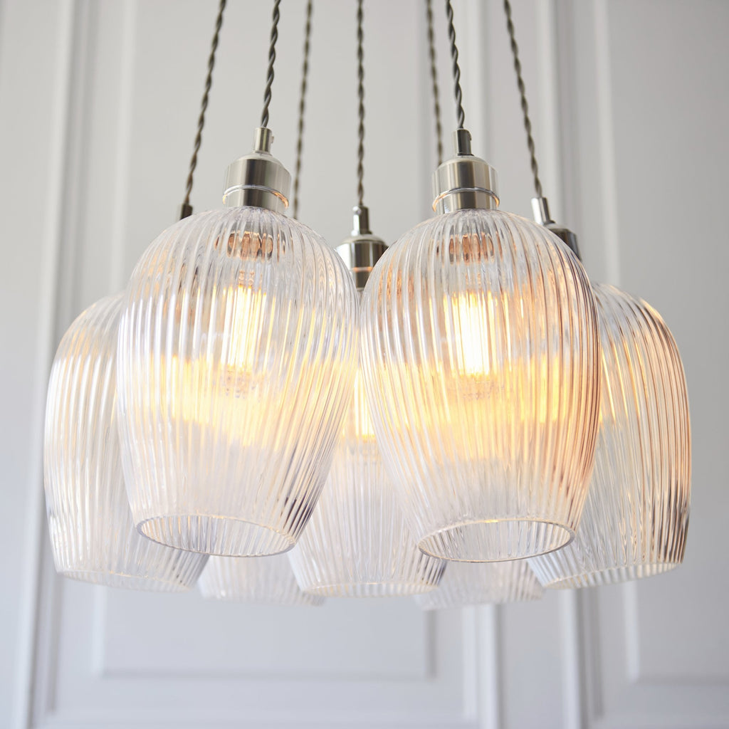 120651 7 Light Pendant Bright Nickel Plate & Clear Ribbed Glass