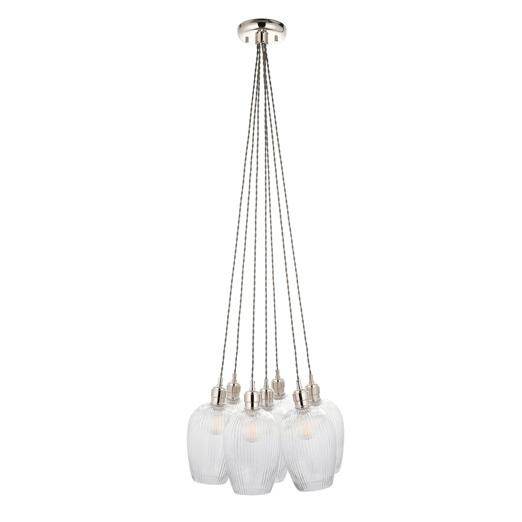 120651 7 Light Pendant Bright Nickel Plate & Clear Ribbed Glass