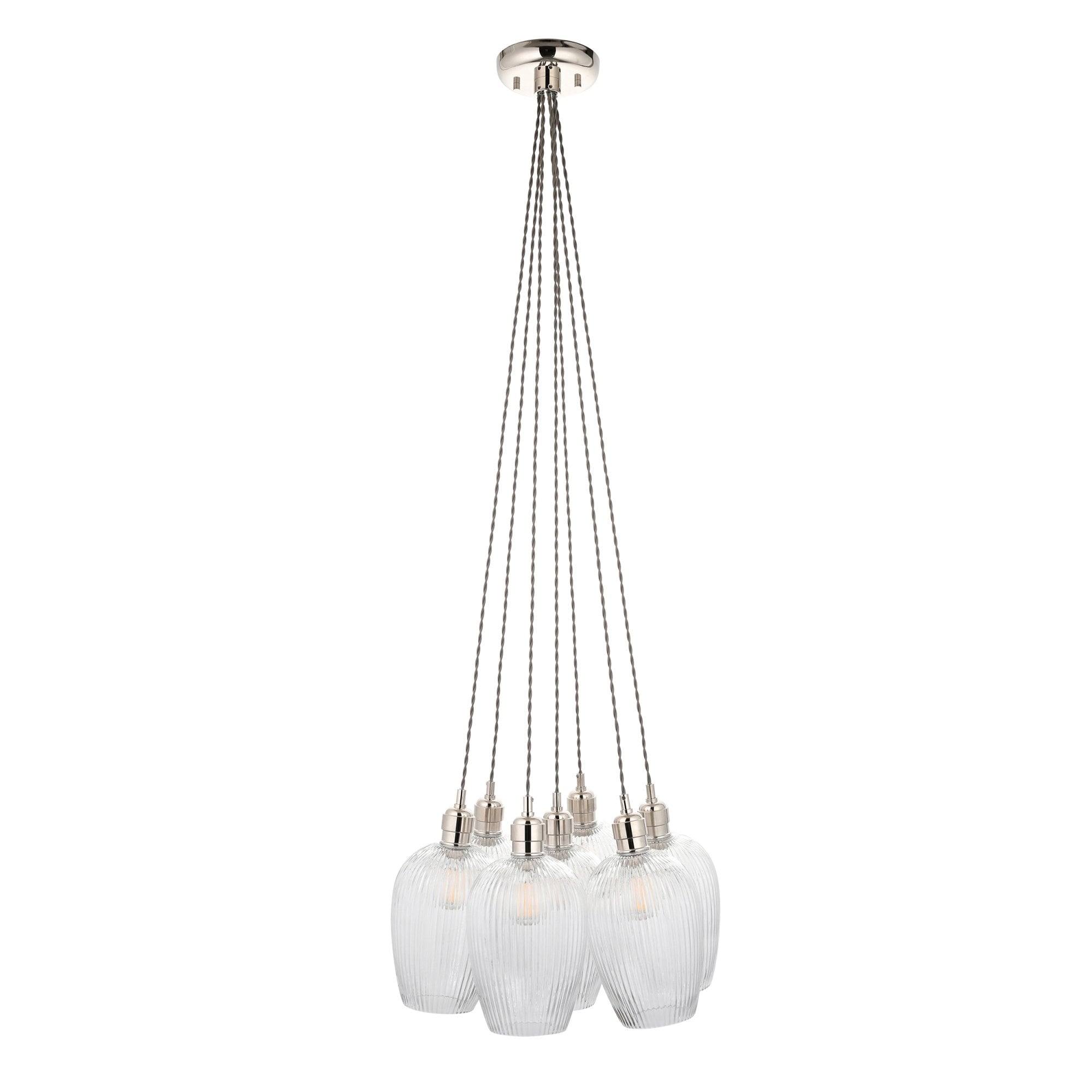 120651 7 Light Pendant Bright Nickel Plate & Clear Ribbed Glass
