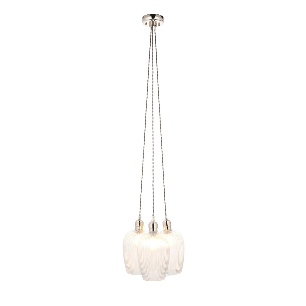 120652 3 Light Pendant Bright Nickel Plate & Clear Ribbed Glass