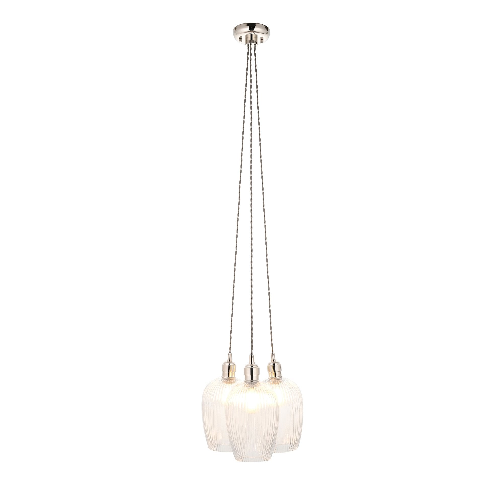 120652 3 Light Pendant Bright Nickel Plate & Clear Ribbed Glass