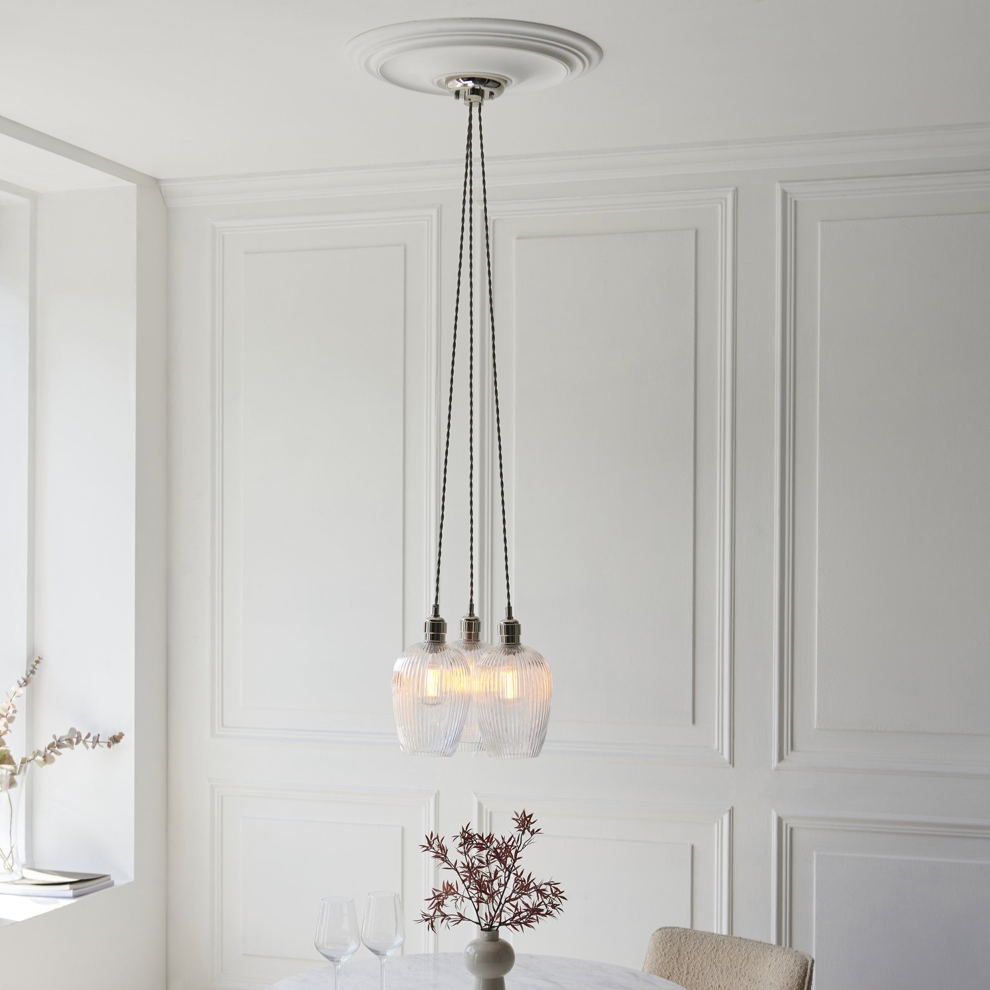 120652 3 Light Pendant Bright Nickel Plate & Clear Ribbed Glass