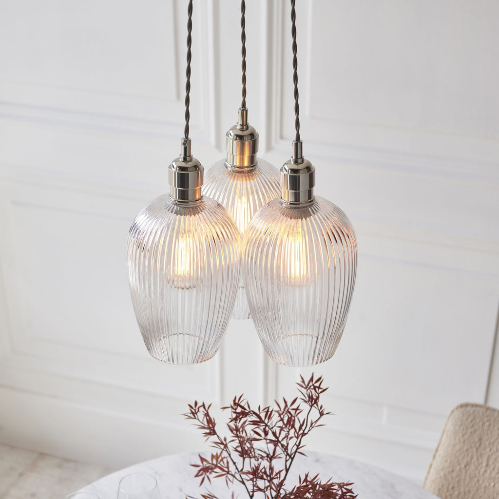 120652 3 Light Pendant Bright Nickel Plate & Clear Ribbed Glass
