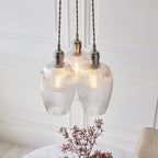 120652 3 Light Pendant Bright Nickel Plate & Clear Ribbed Glass