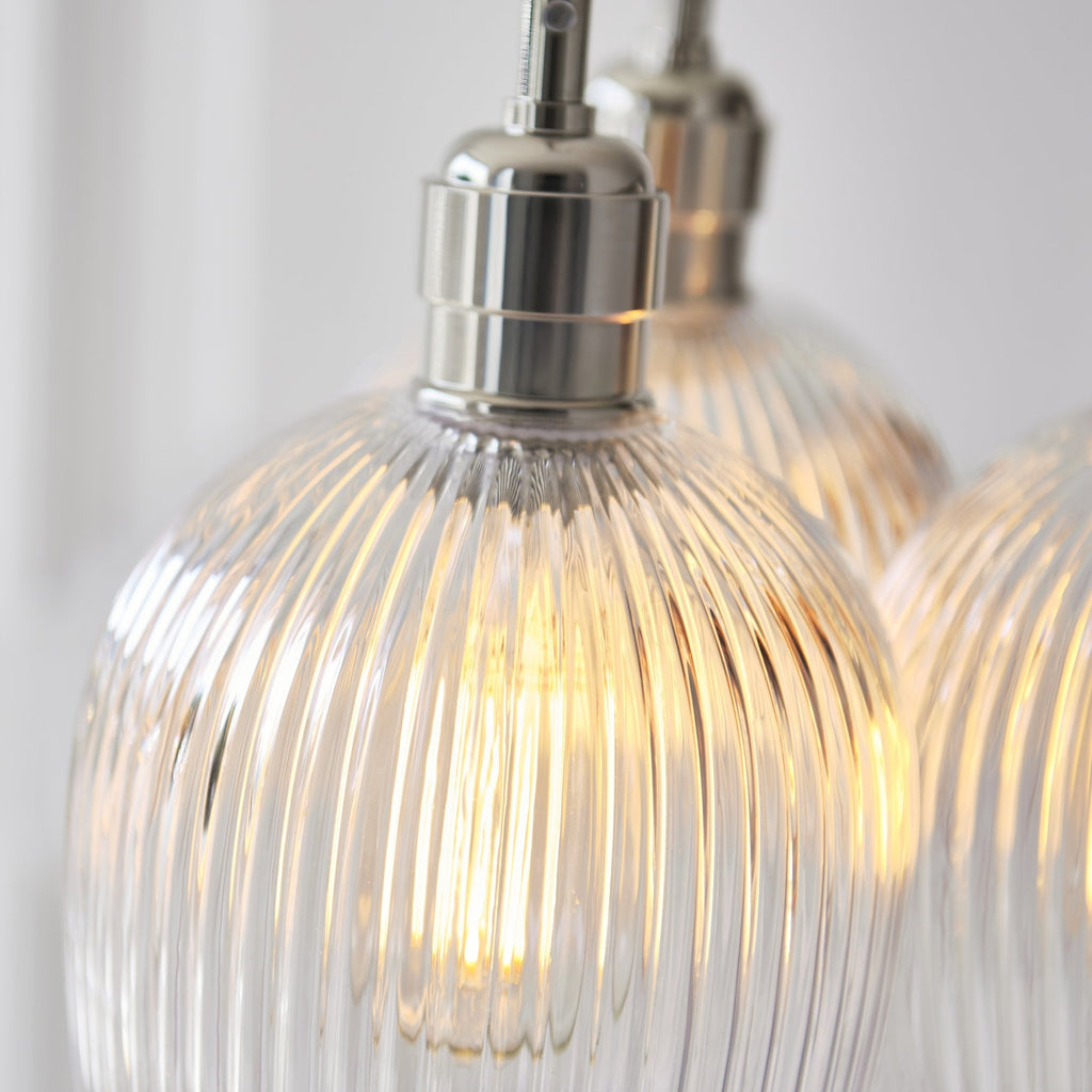 120652 3 Light Pendant Bright Nickel Plate & Clear Ribbed Glass