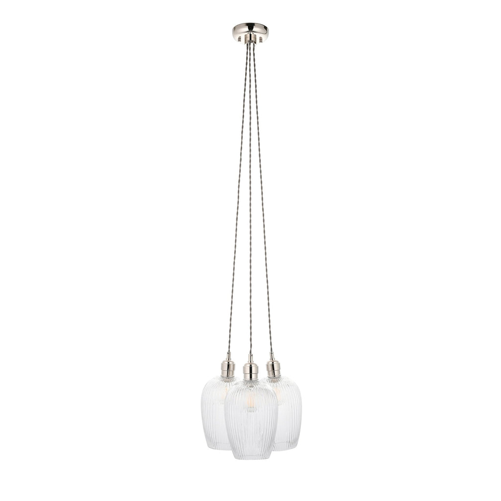 120652 3 Light Pendant Bright Nickel Plate & Clear Ribbed Glass