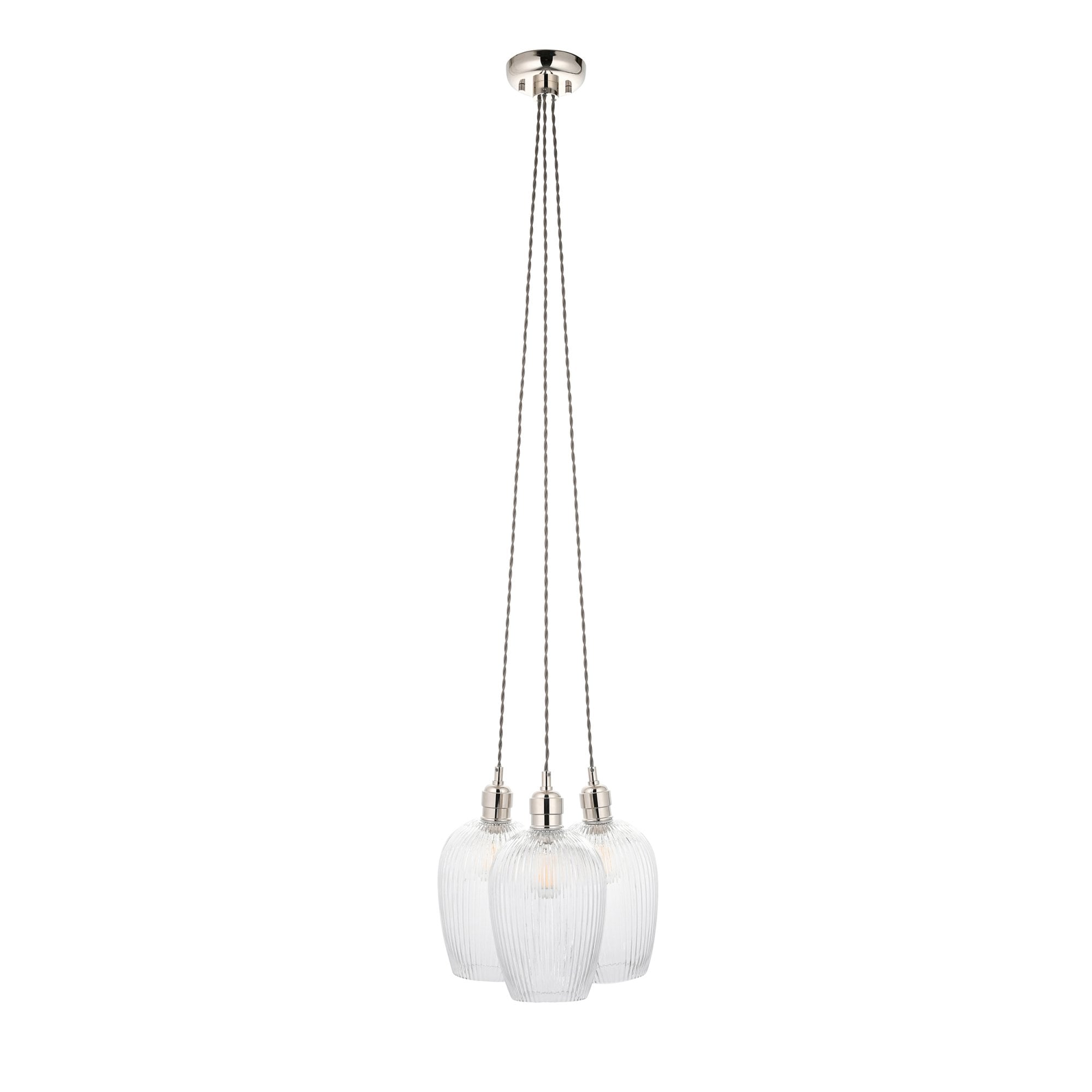 120652 3 Light Pendant Bright Nickel Plate & Clear Ribbed Glass