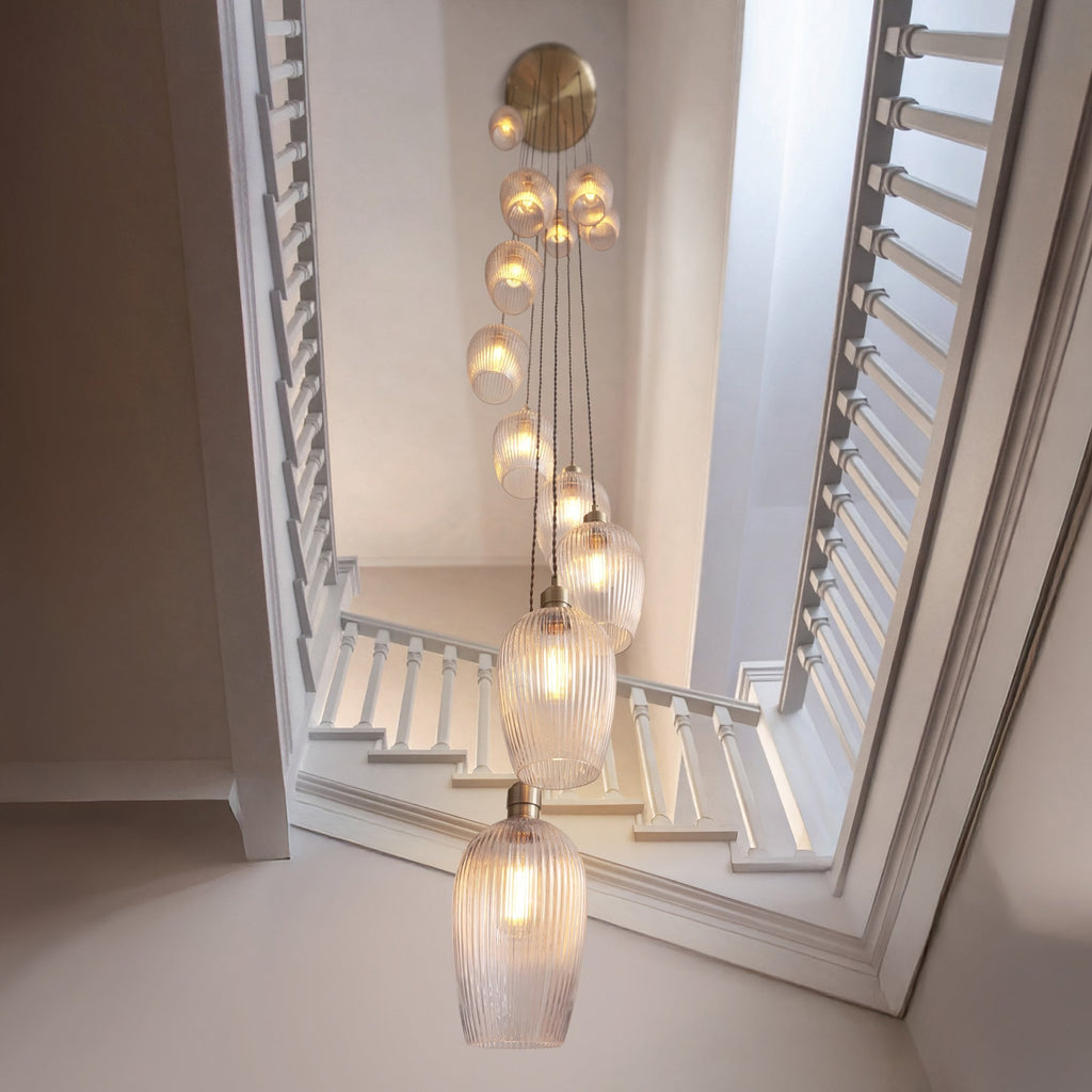 120653 13 Light Pendant Antique Brass Plate & Clear Ribbed Glass
