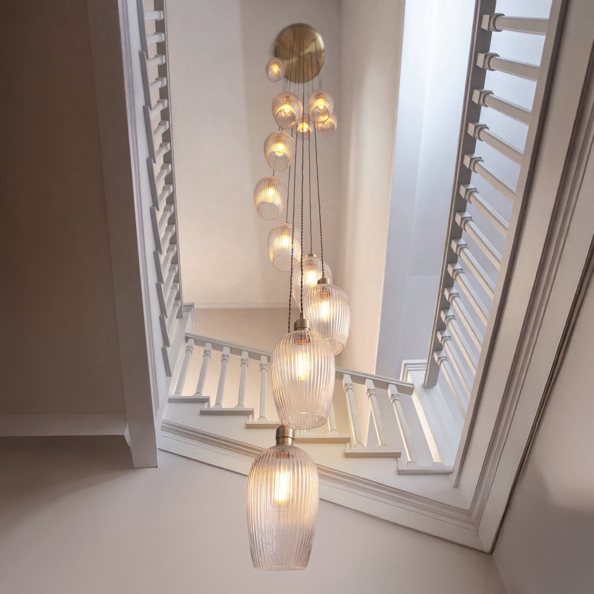 120653 13 Light Pendant Antique Brass Plate & Clear Ribbed Glass