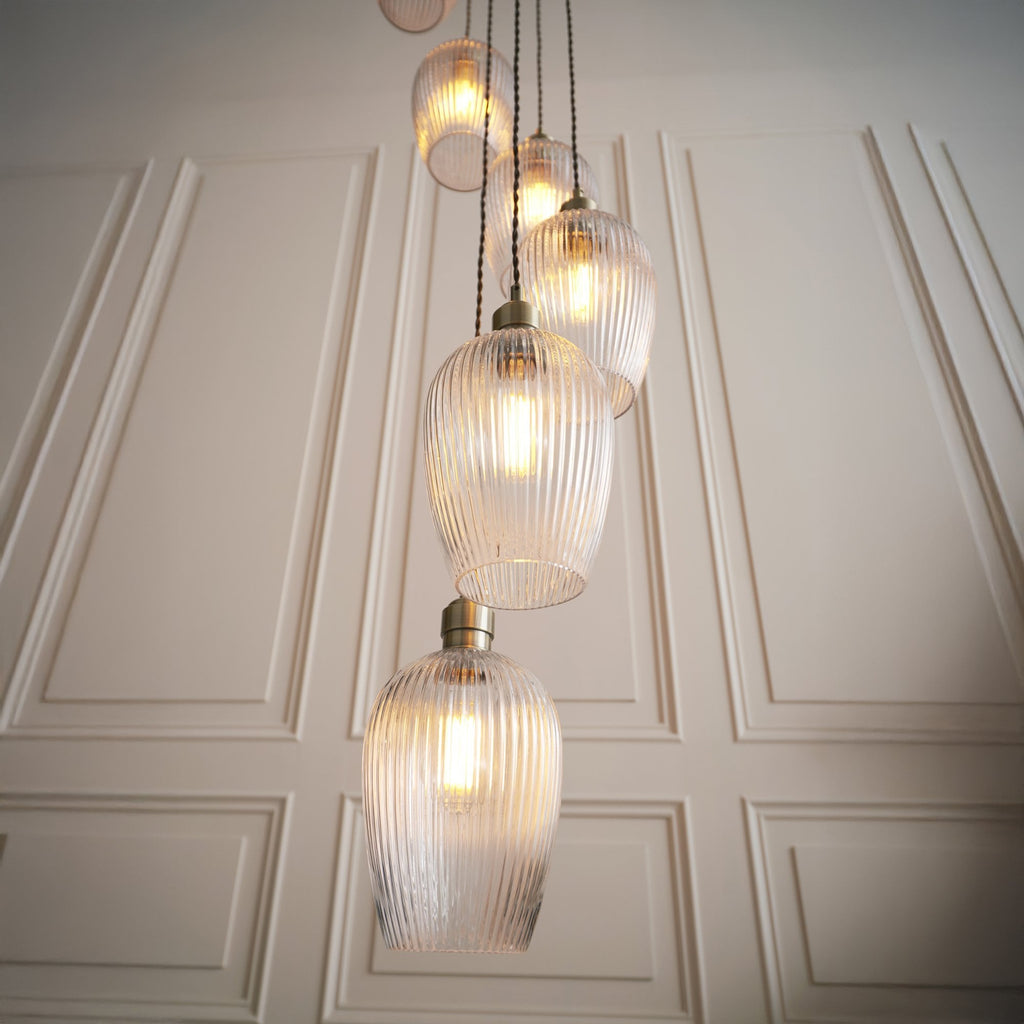 120653 13 Light Pendant Antique Brass Plate & Clear Ribbed Glass