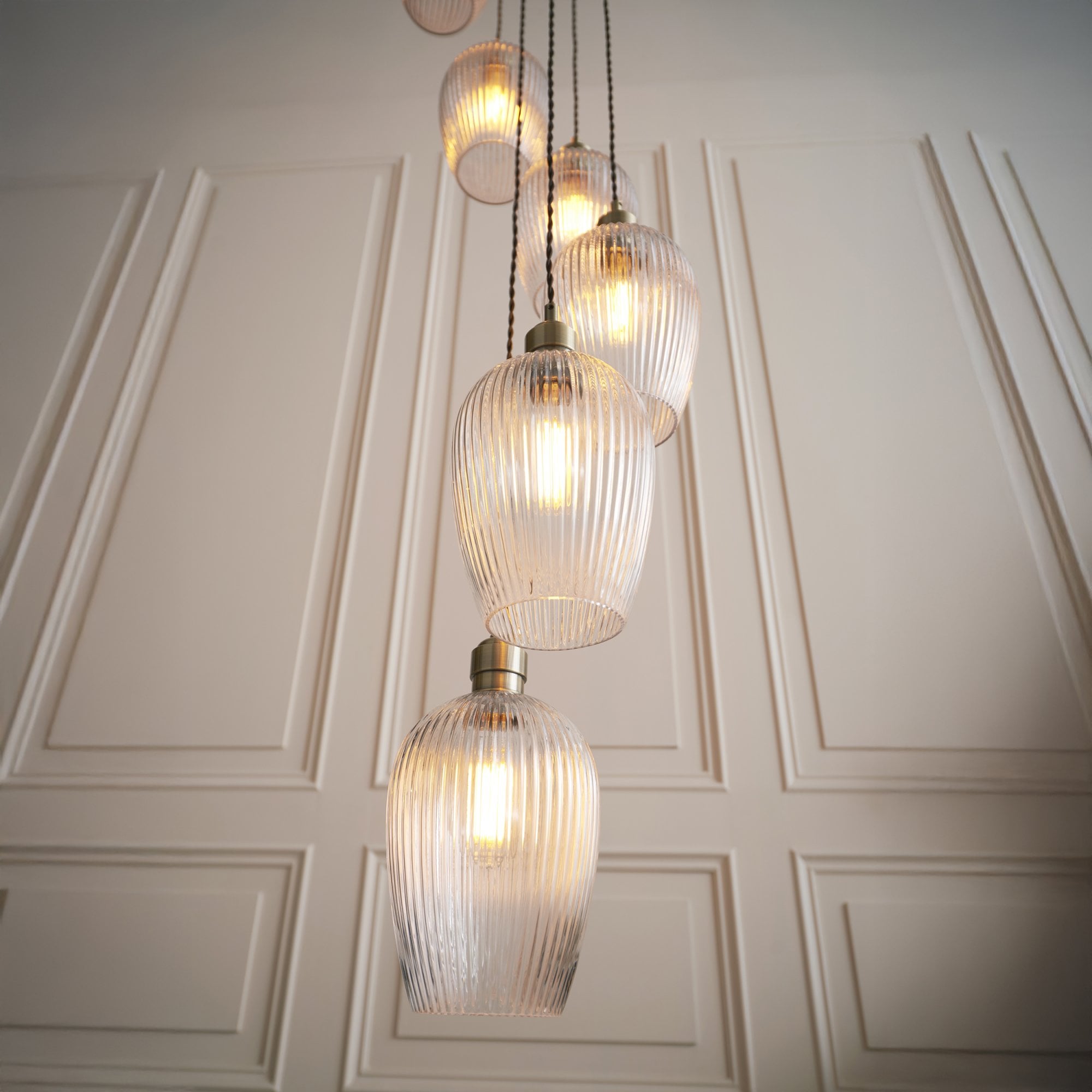 120653 13 Light Pendant Antique Brass Plate & Clear Ribbed Glass