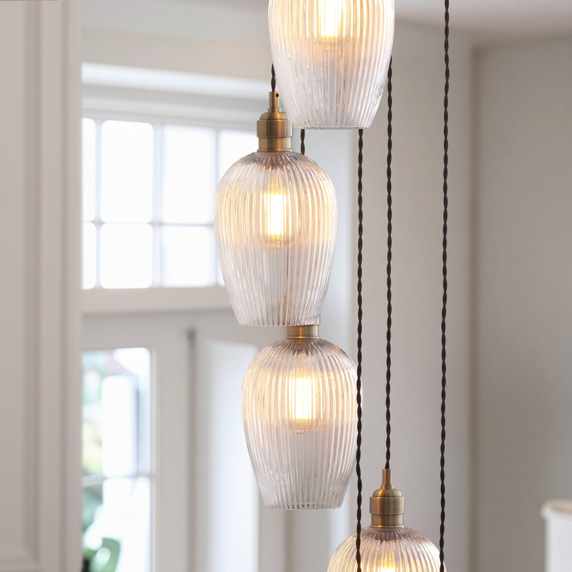 120653 13 Light Pendant Antique Brass Plate & Clear Ribbed Glass