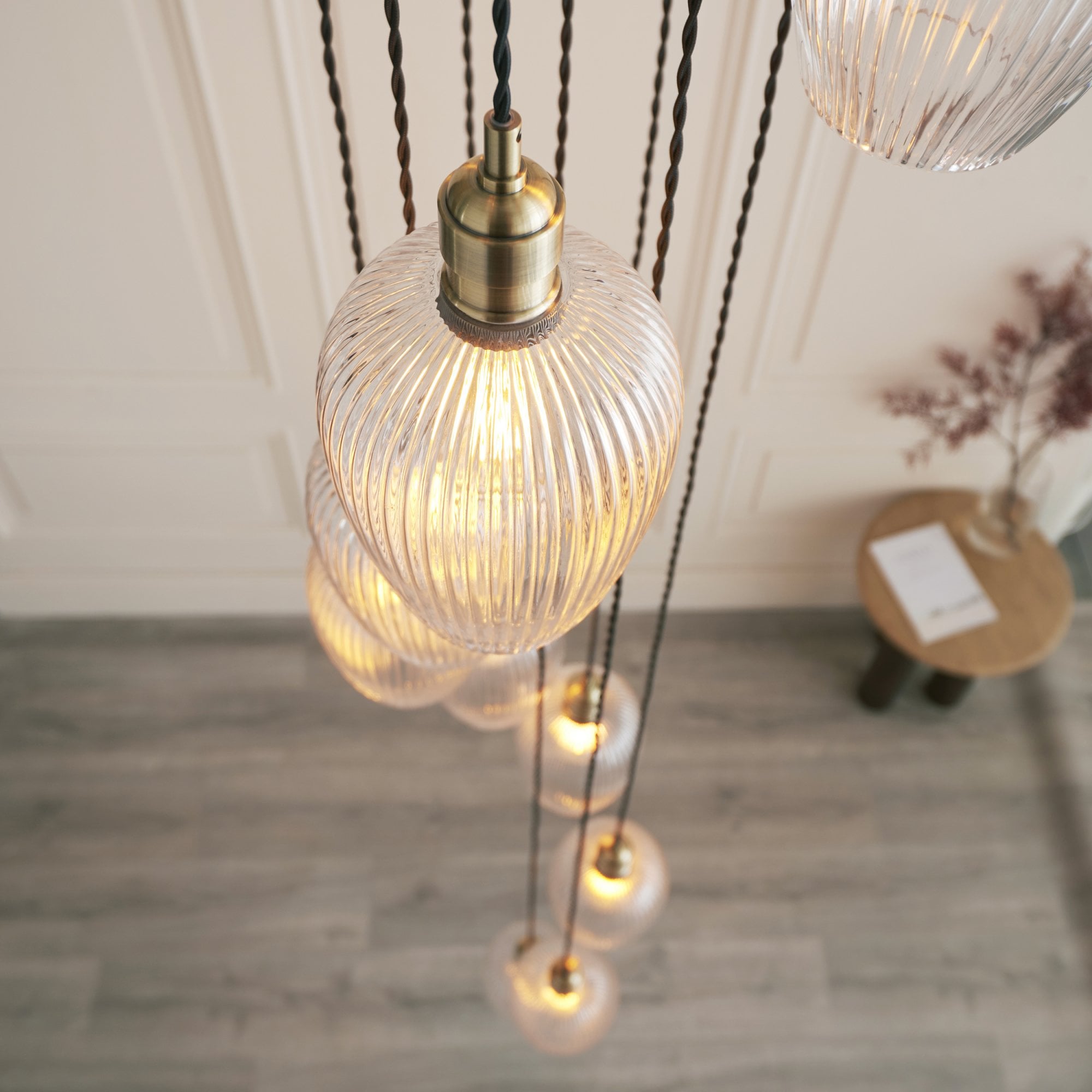 120653 13 Light Pendant Antique Brass Plate & Clear Ribbed Glass