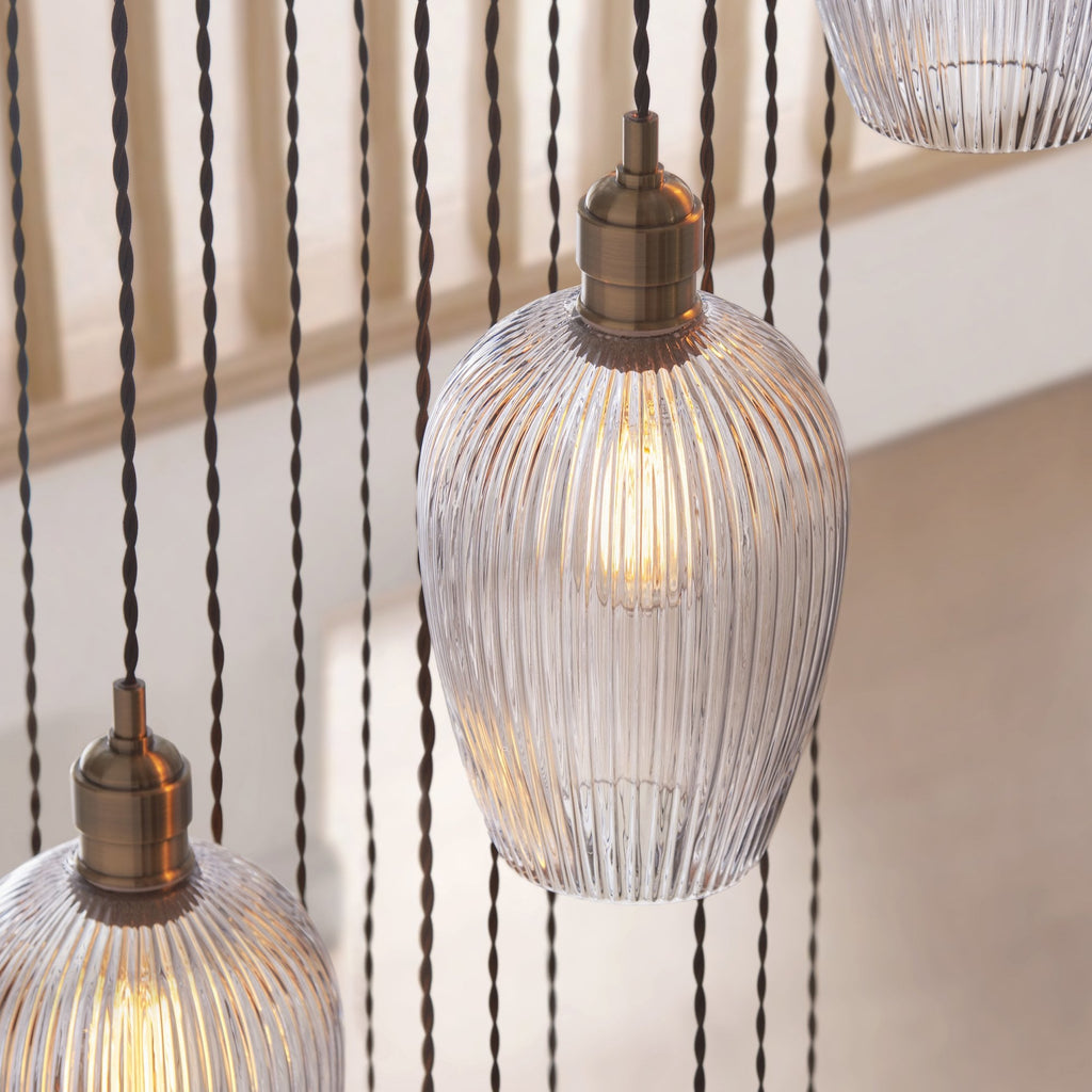 120653 13 Light Pendant Antique Brass Plate & Clear Ribbed Glass