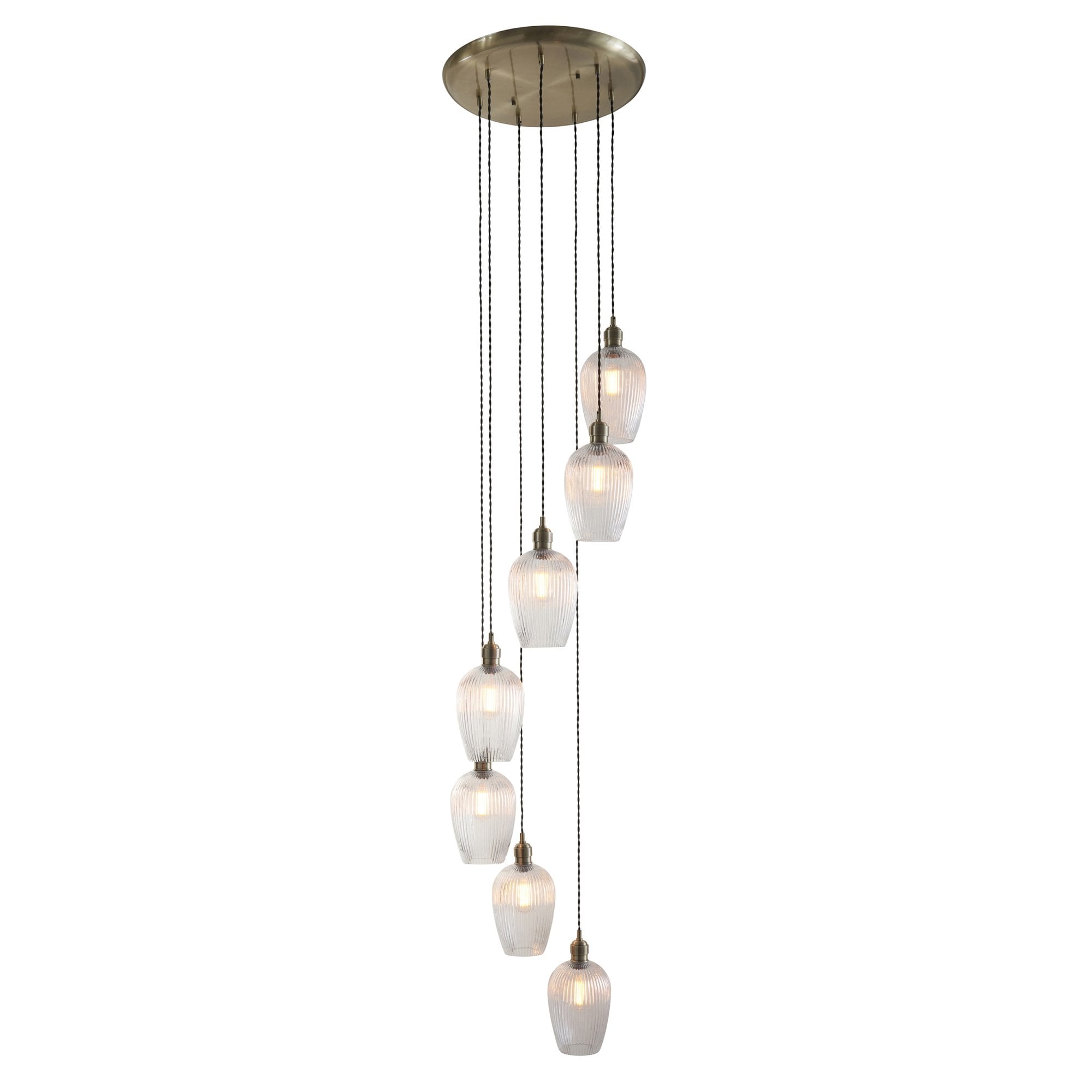 120654 7 Light Pendant Antique Brass Plate & Clear Ribbed Glass