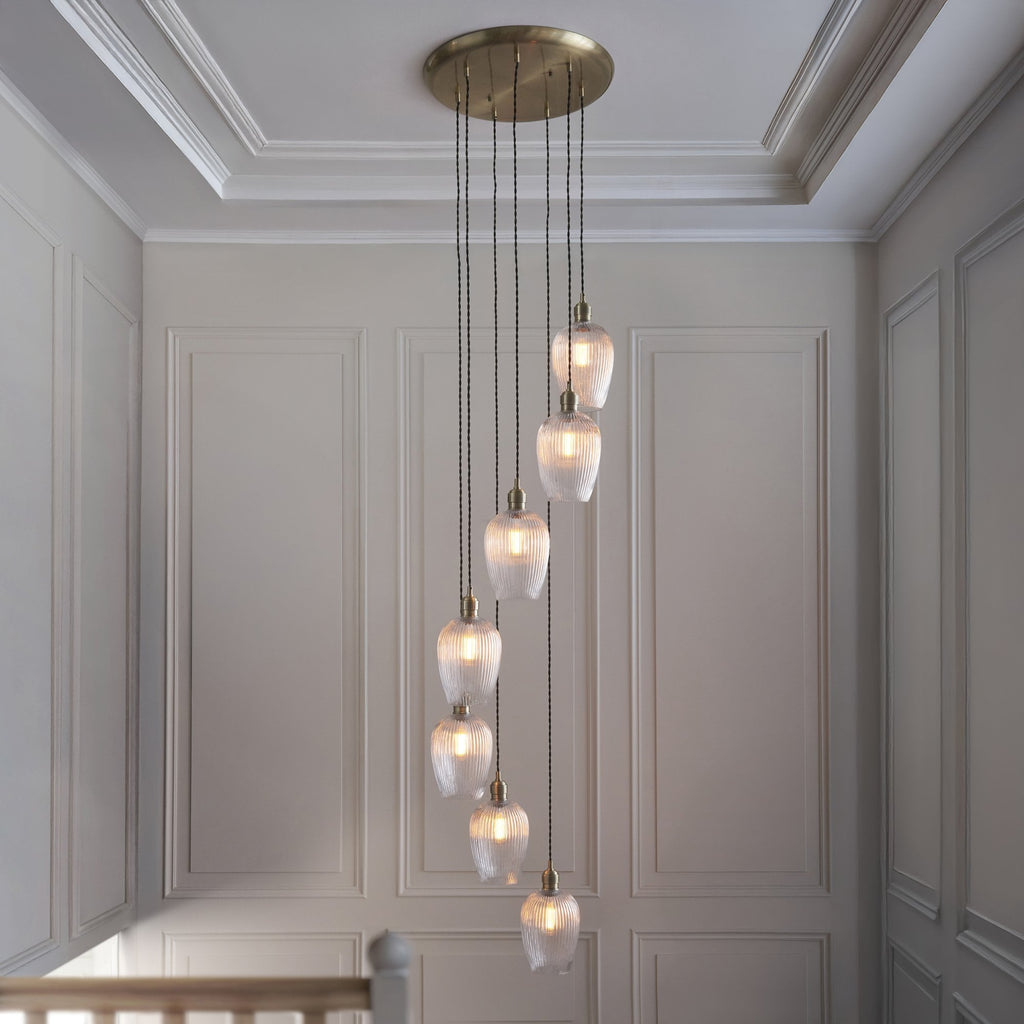 120654 7 Light Pendant Antique Brass Plate & Clear Ribbed Glass