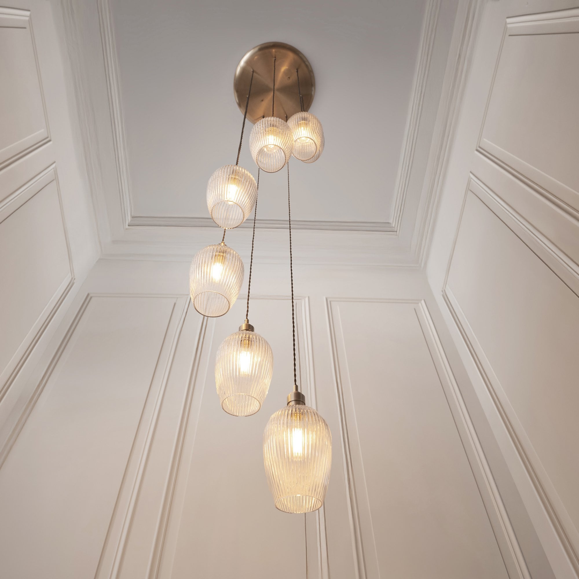 120654 7 Light Pendant Antique Brass Plate & Clear Ribbed Glass